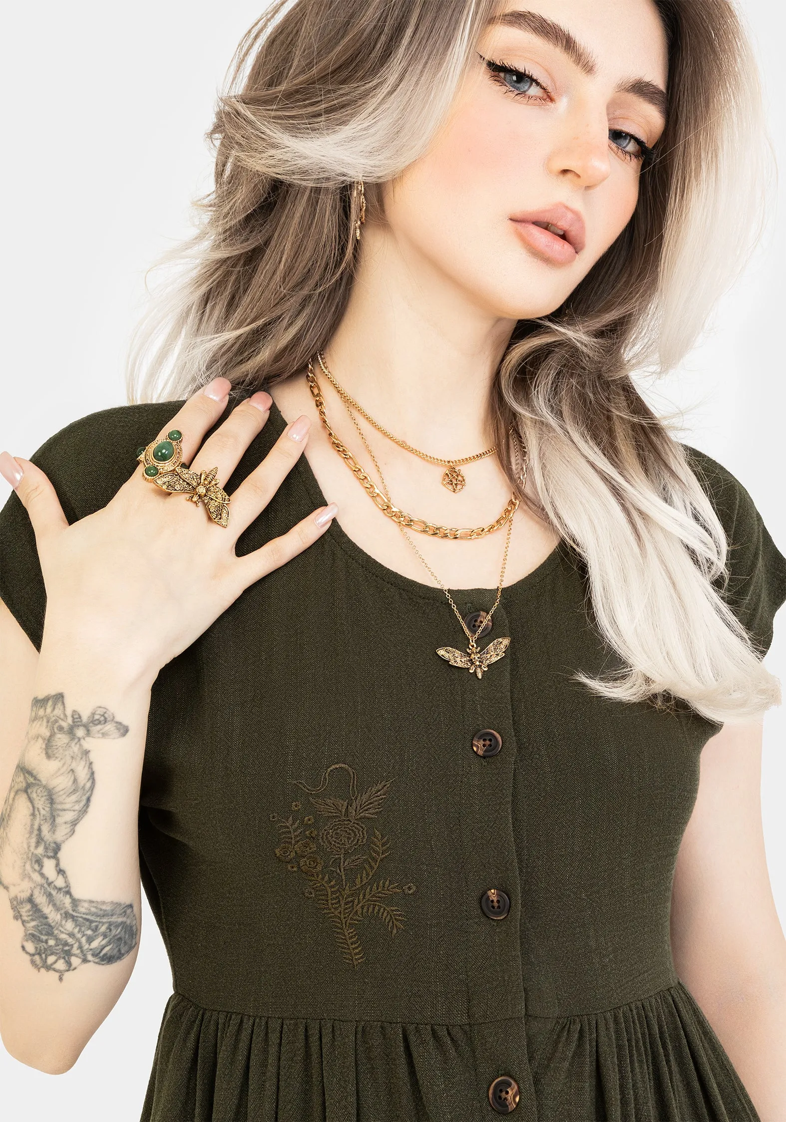 Boat-Neck Foliate Linen-Blend Embroidered Button Up Midi Dress - Green