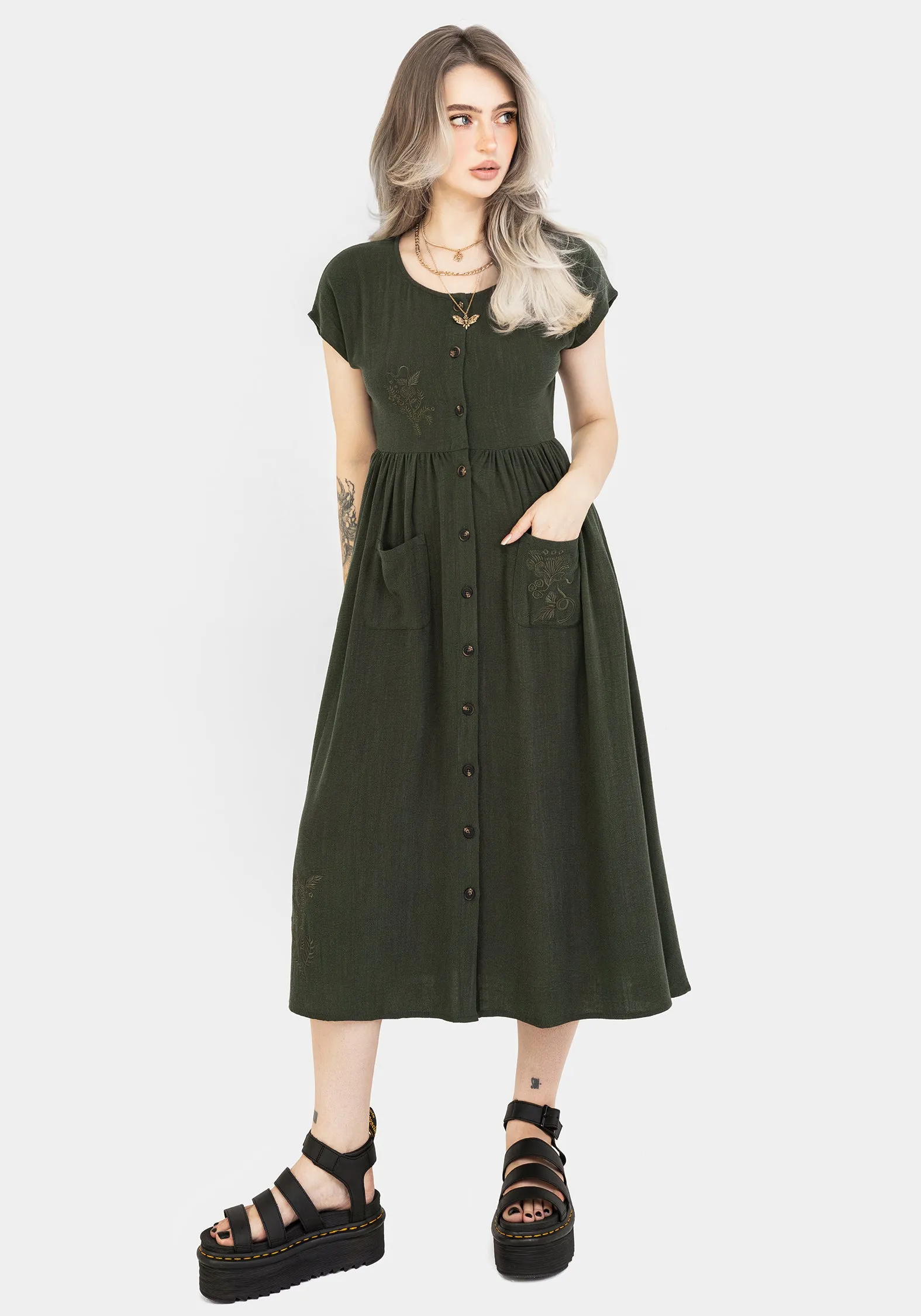 Foliate Linen-Blend Embroidered Button Up Midi Dress - Green retro-style Lace Ease