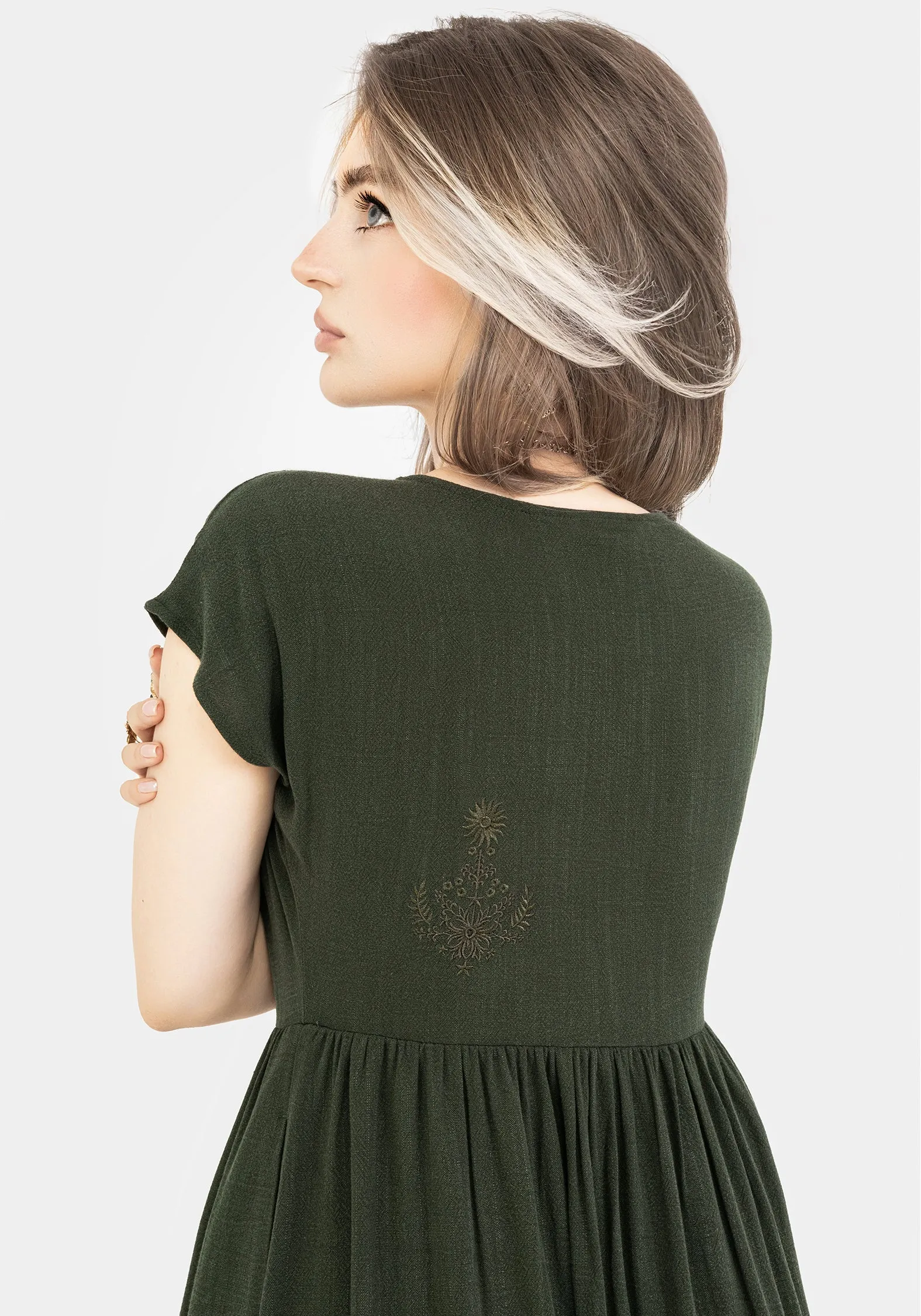 Foliate Linen-Blend Embroidered Button Up Midi Dress - Green Delicate Tone