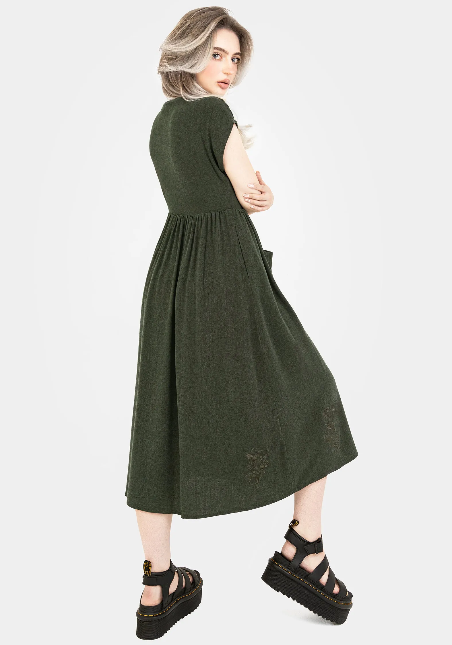Wedding-Guest Everyday Wear Foliate Linen-Blend Embroidered Button Up Midi Dress - Green