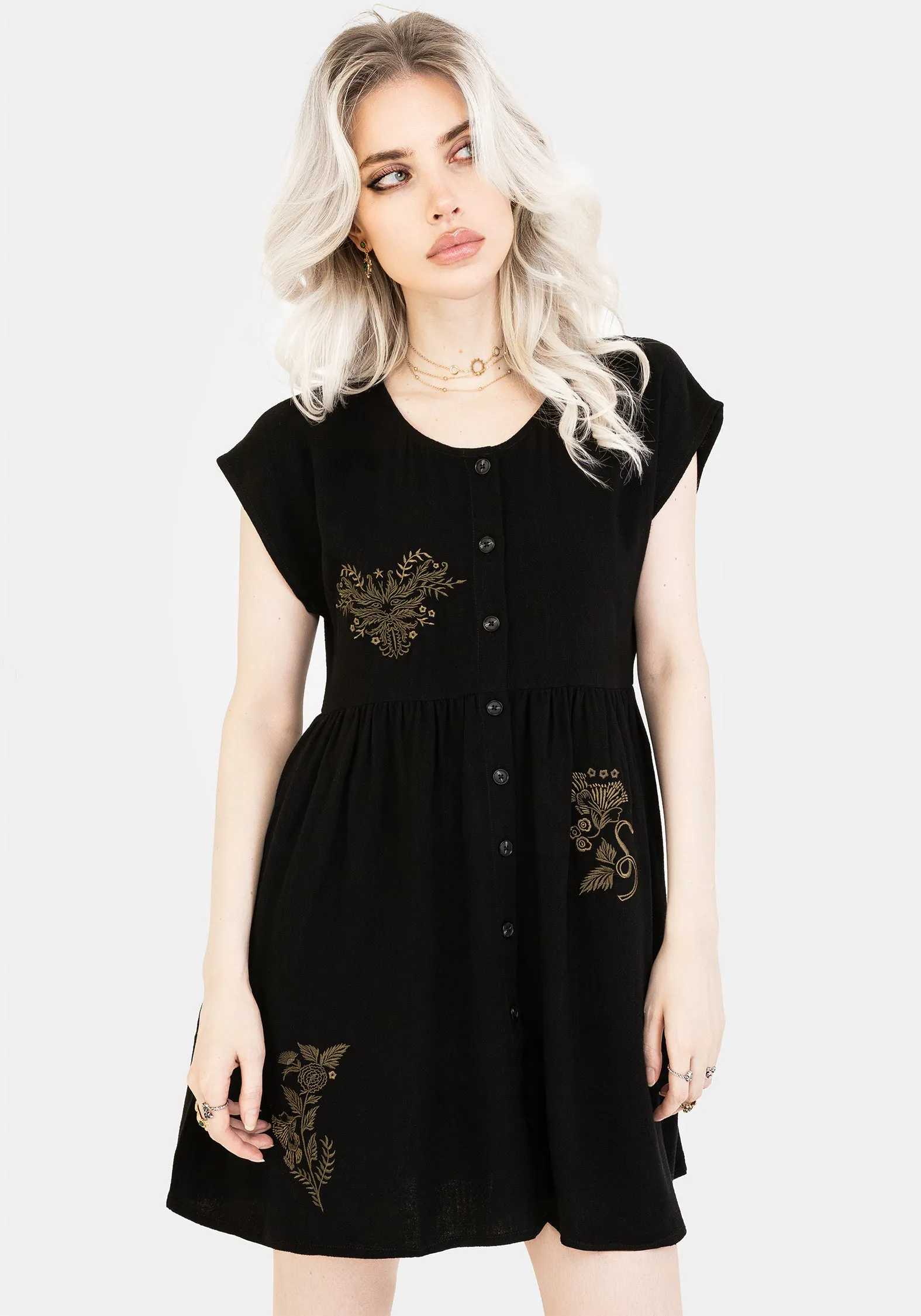 Foliate Linen-Blend Embroidered Button Up Mini Dress - Black Polished Style Clasp-Closure