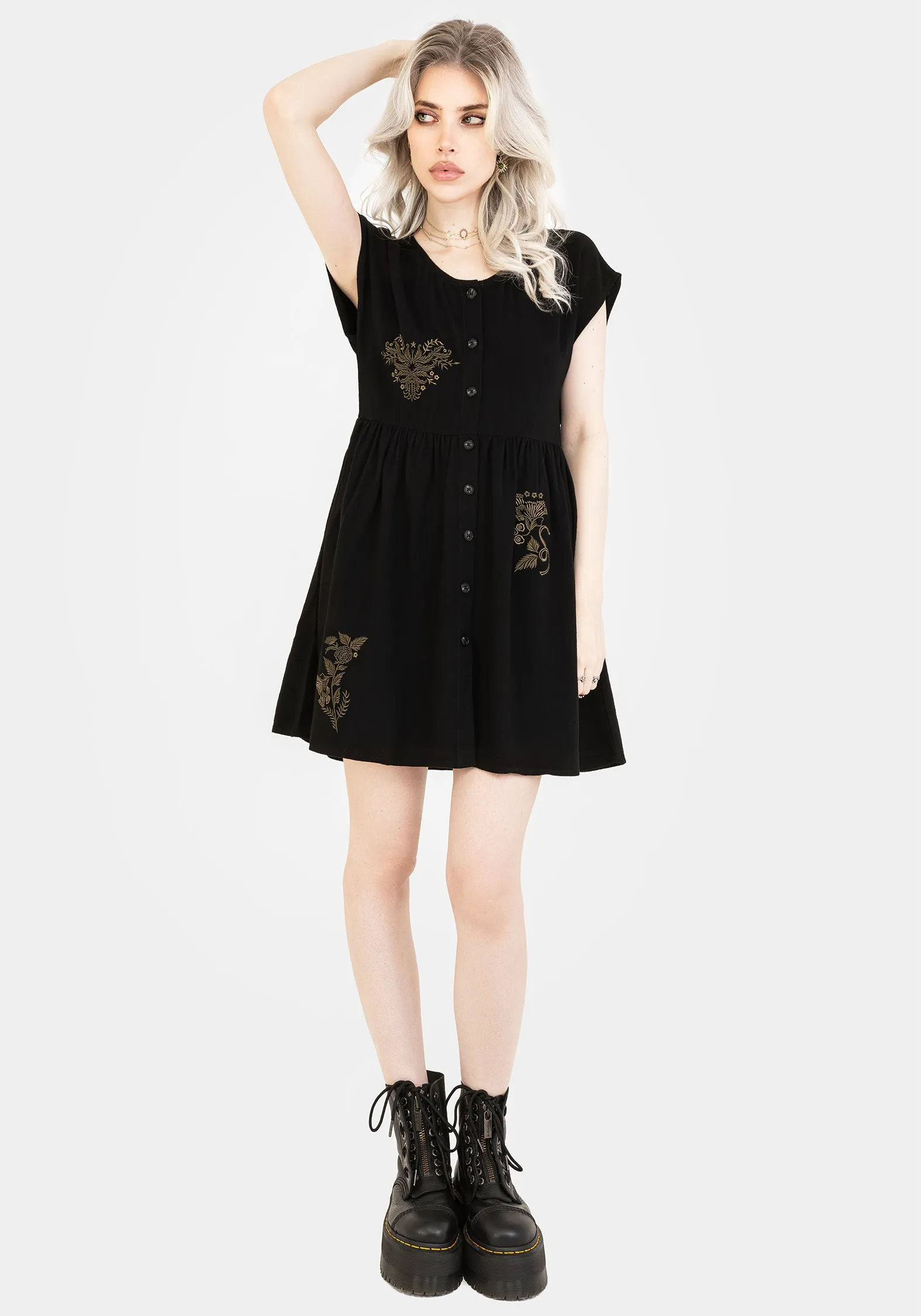 Chic Tailoring Foliate Linen-Blend Embroidered Button Up Mini Dress - Black