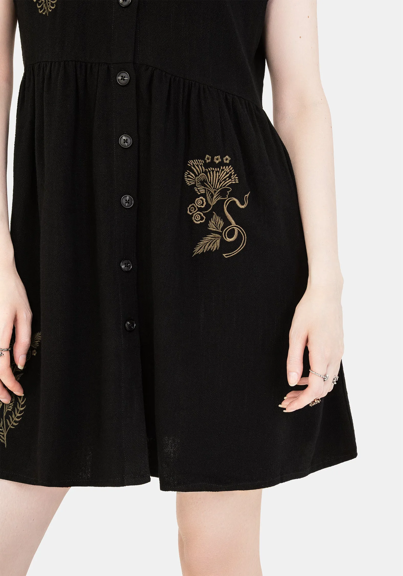Foliate Linen-Blend Embroidered Button Up Mini Dress - Black Stylish Comfort Gathered Skirt