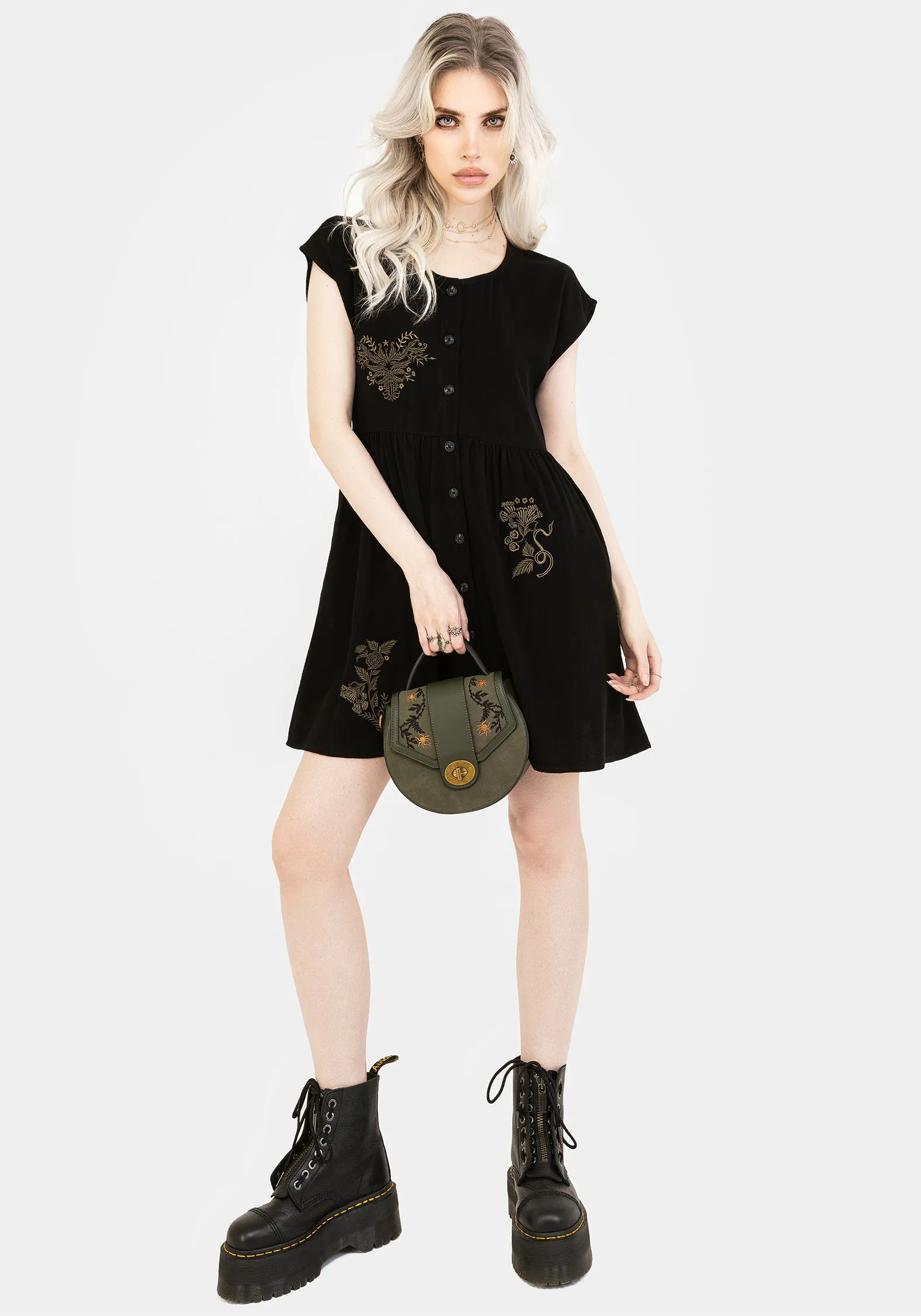 Foliate Linen-Blend Embroidered Button Up Mini Dress - Black Smart Shape
