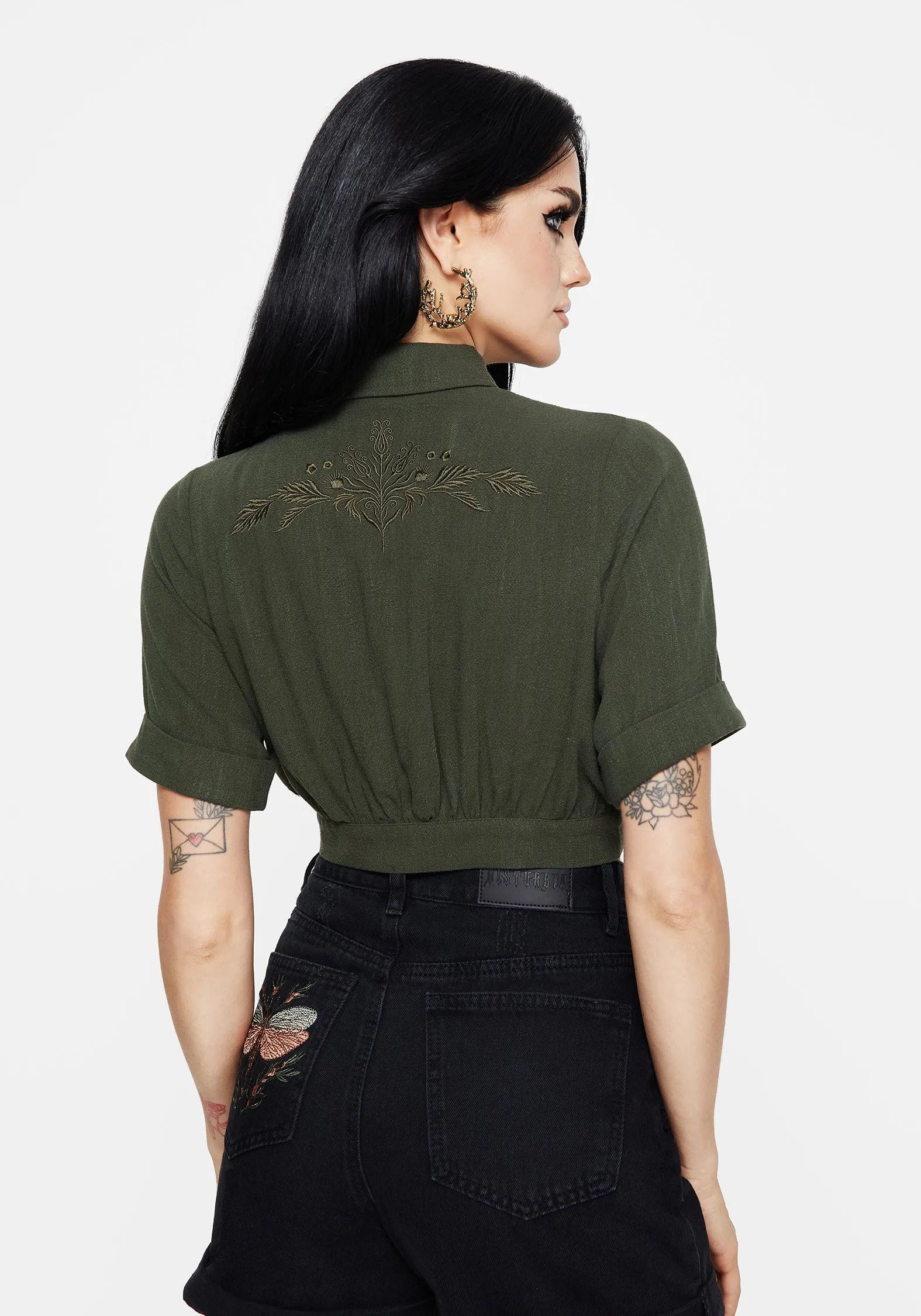 Stretchable Cloth Tear Resistant Reinforcement Foliate Linen-Blend Embroidered Short Sleeve Crop Shirt - Green
