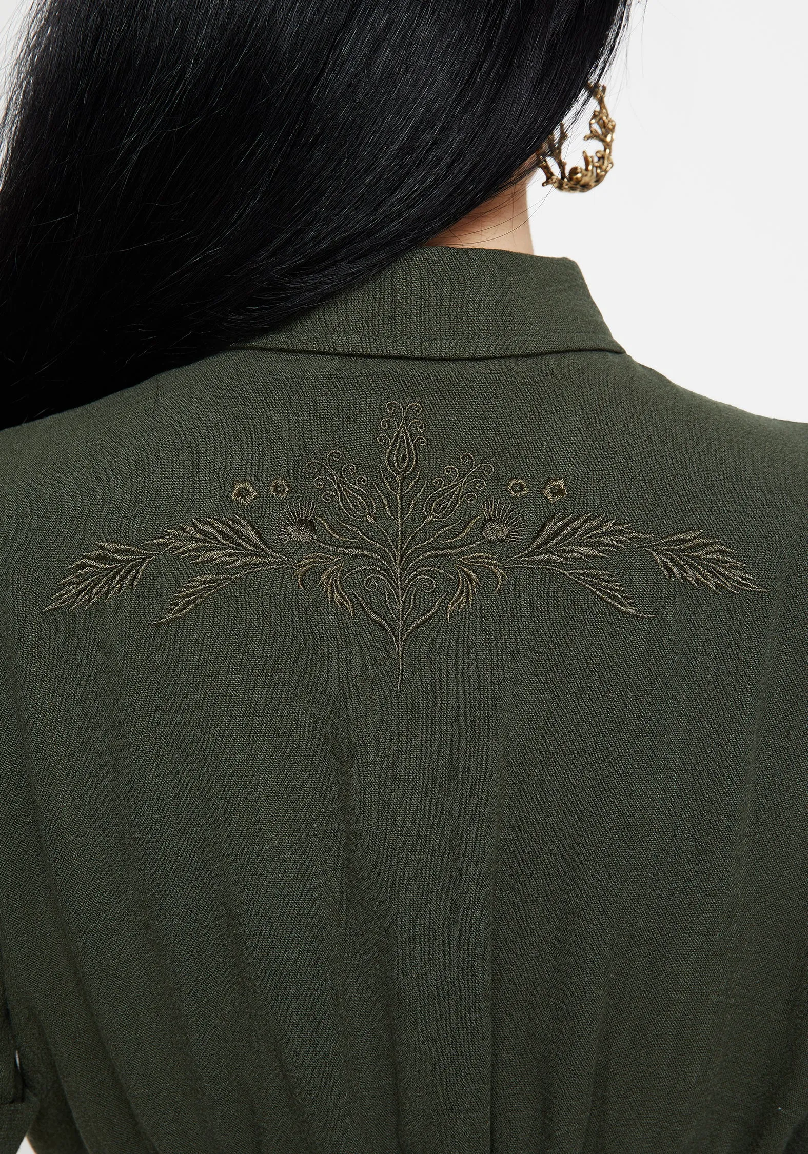 NonToxic Certification Foliate Linen-Blend Embroidered Short Sleeve Crop Shirt - Green