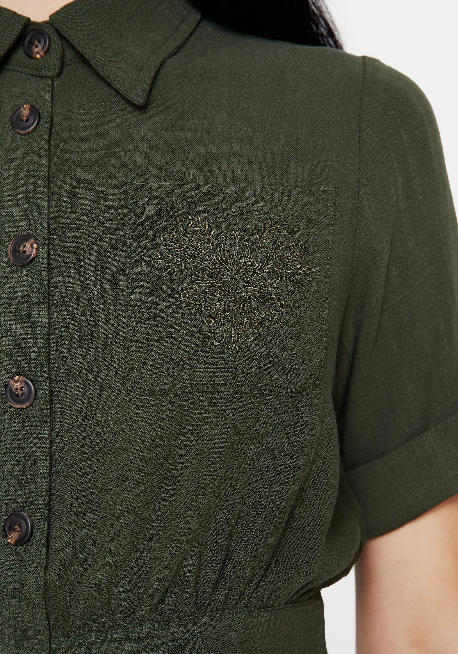 Foliate Linen-Blend Embroidered Short Sleeve Crop Shirt - Green summer look