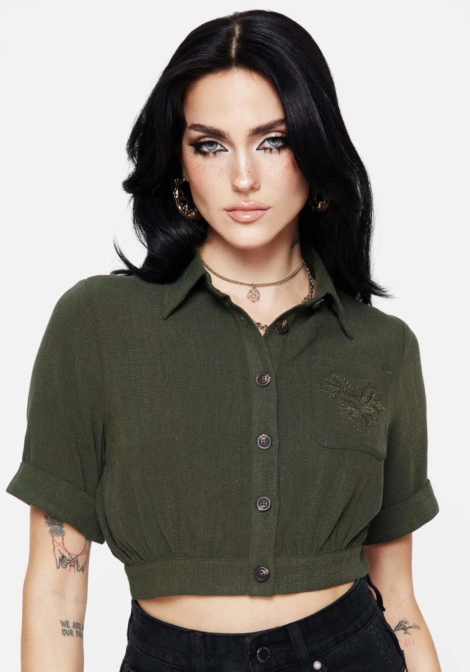 Foliate Linen-Blend Embroidered Short Sleeve Crop Shirt - Green NonRestrictive Cut ReflectiveDetails