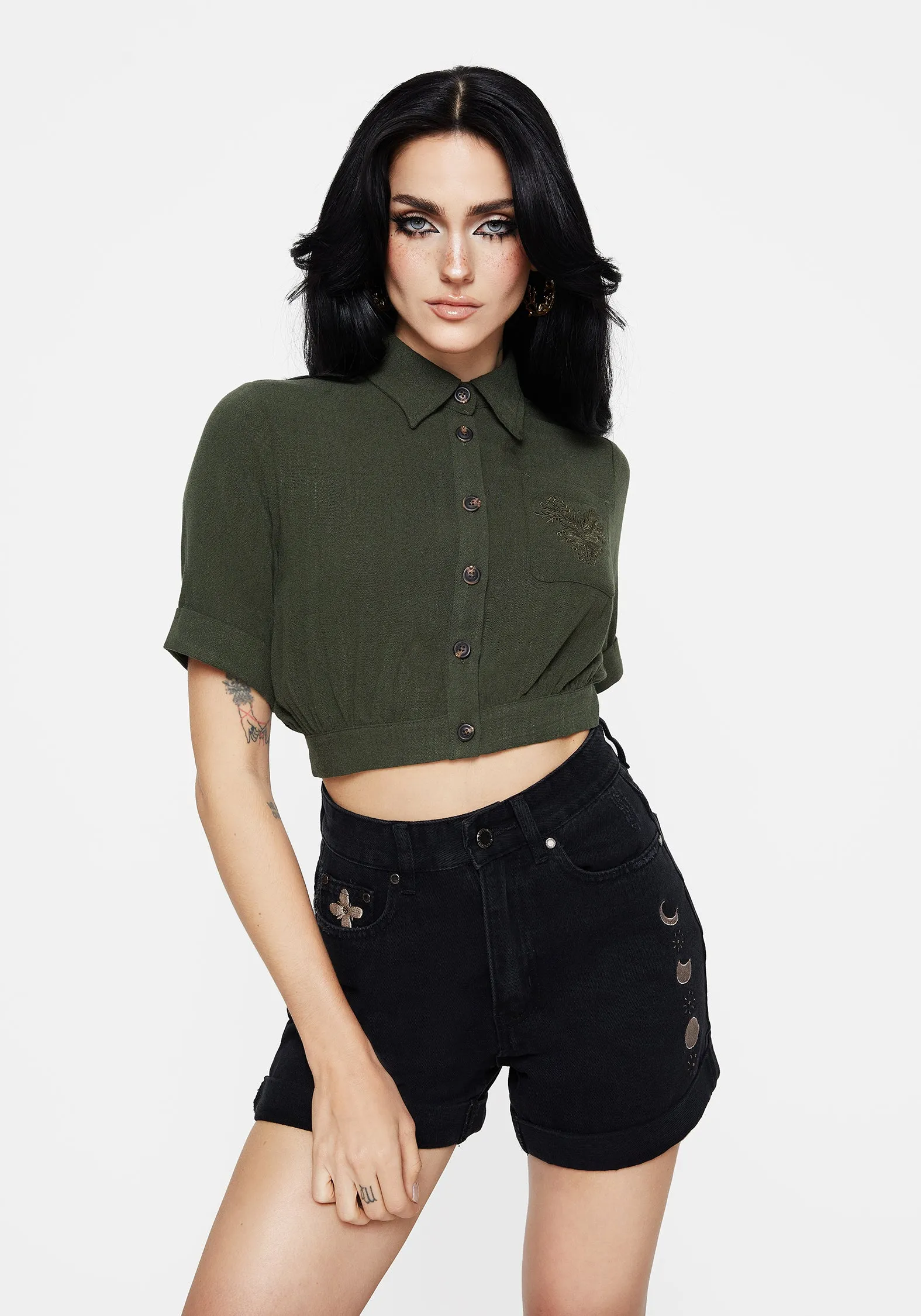 Garment Washed Softness Foliate Linen-Blend Embroidered Short Sleeve Crop Shirt - Green