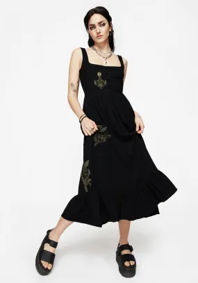 Foliate Linen-Blend Embroidered Sleeveless Midi Dress - Black Evening Tone