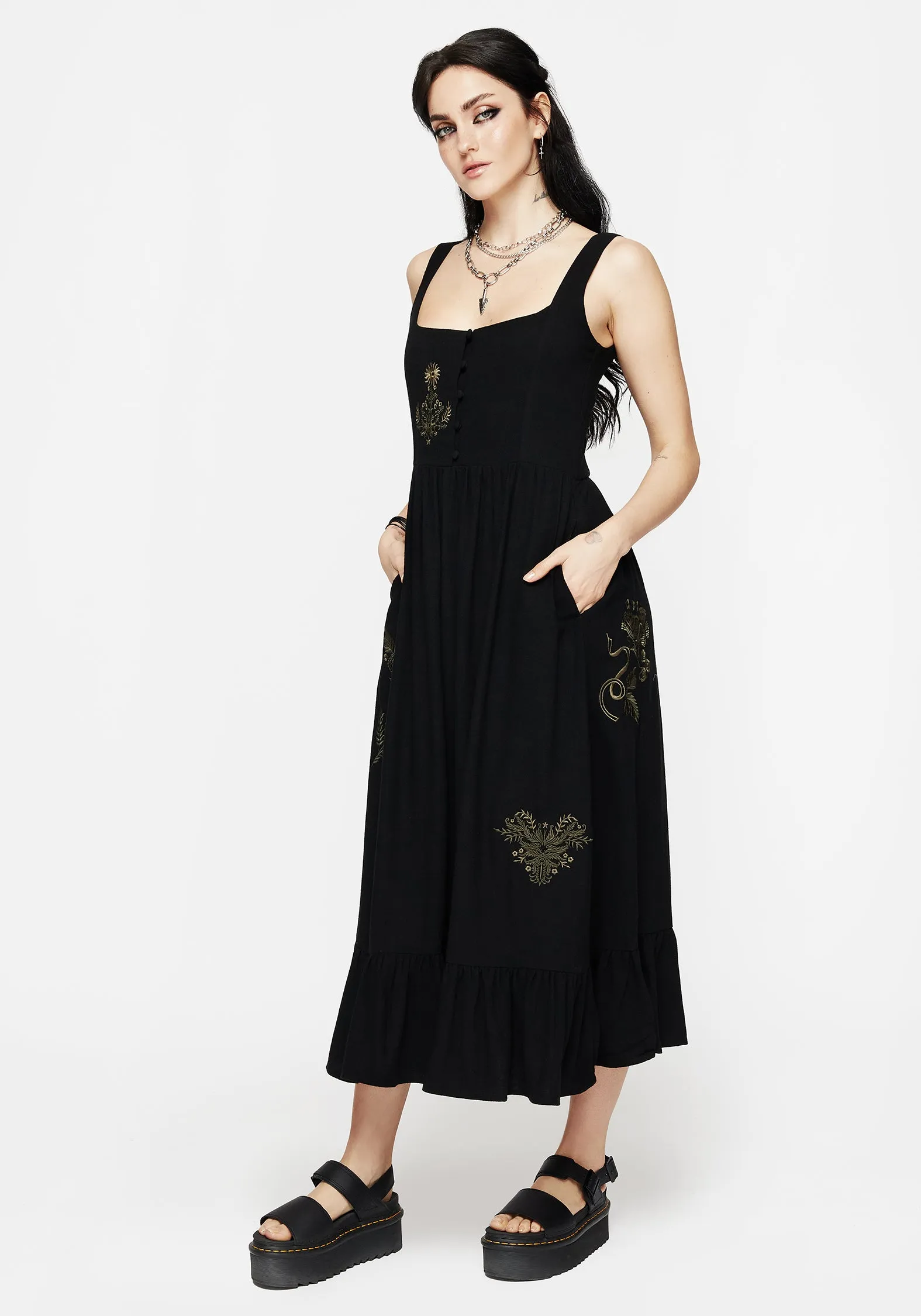 Stylish Mood Foliate Linen-Blend Embroidered Sleeveless Midi Dress - Black