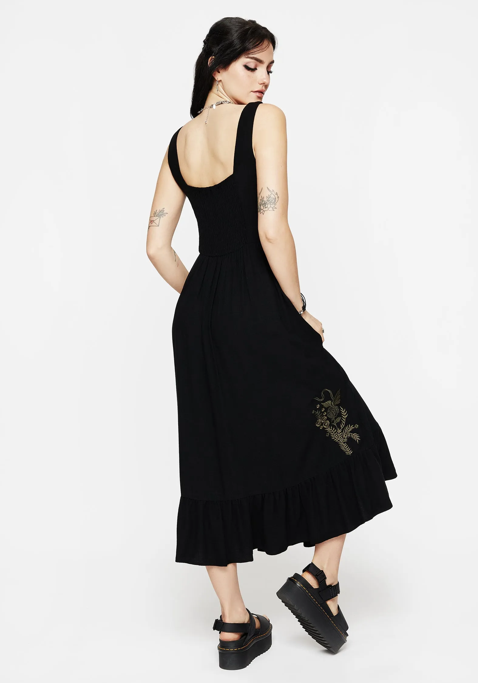 Foliate Linen-Blend Embroidered Sleeveless Midi Dress - Black Timeless Style Wear