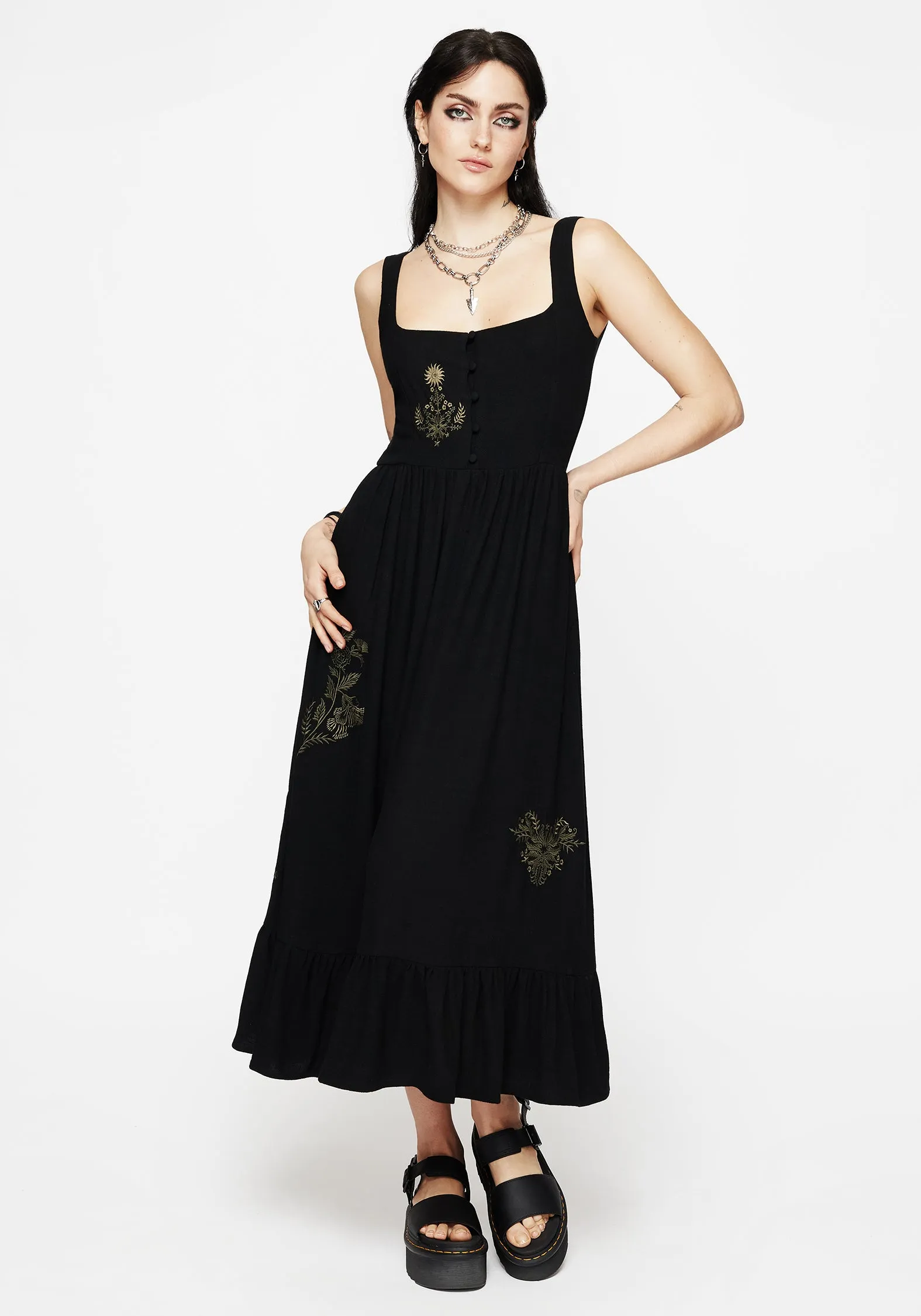 Foliate Linen-Blend Embroidered Sleeveless Midi Dress - Black Quilted-Texture Easy Layers
