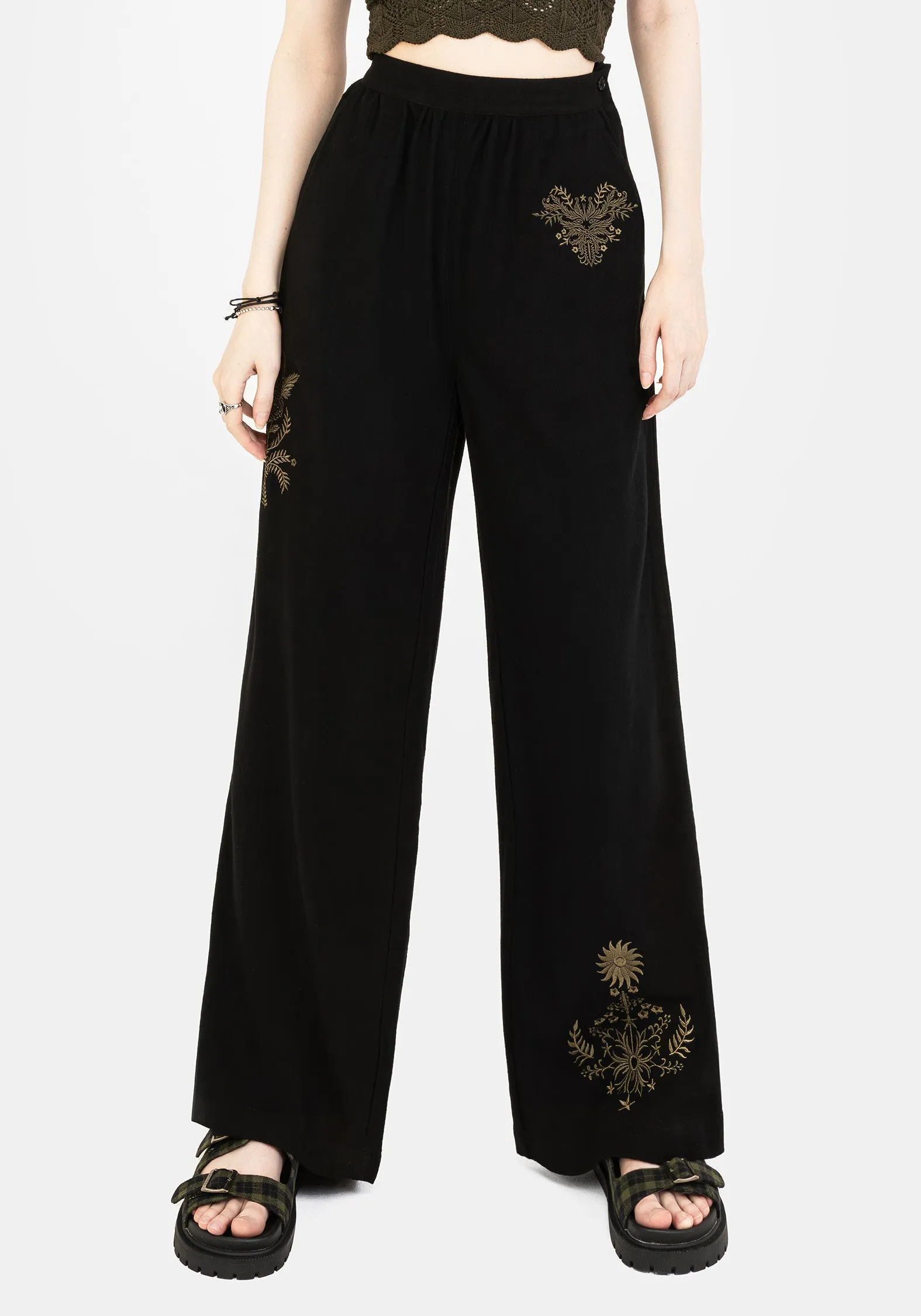 Foliate Linen-Blend Embroidered Wide Leg Trousers - Black Adjustable Fit