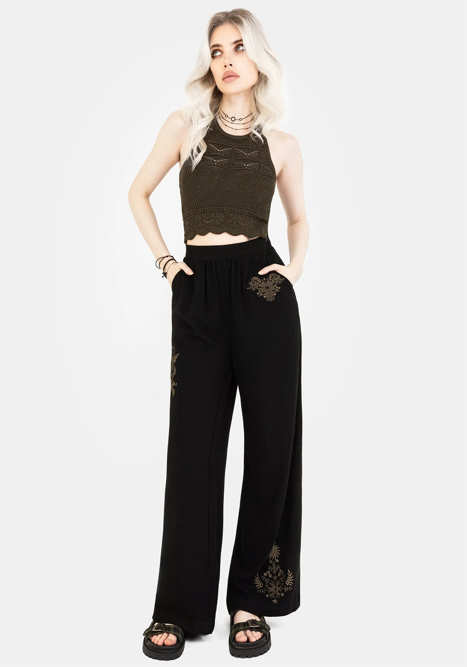 Cozy Layering Breathable wear Foliate Linen-Blend Embroidered Wide Leg Trousers - Black