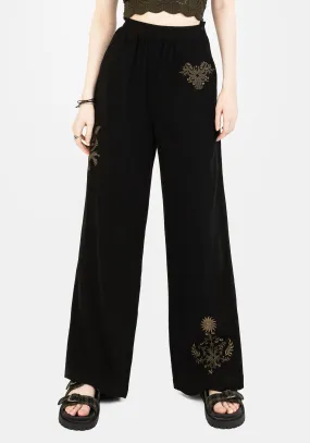 Foliate Linen-Blend Embroidered Wide Leg Trousers - Black Adjustable Fit