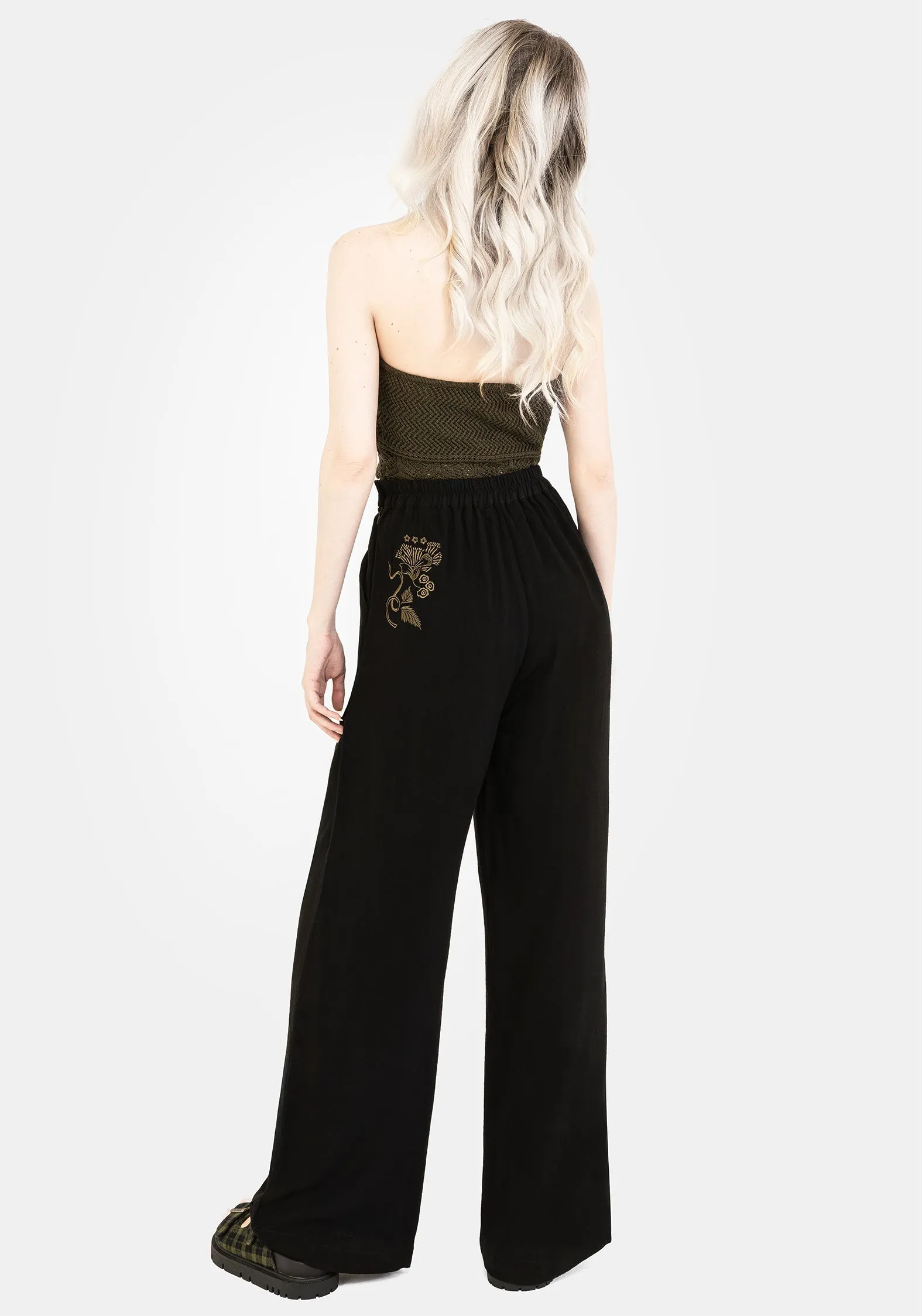 Foliate Linen-Blend Embroidered Wide Leg Trousers - Black Subtle Detail tech fabric