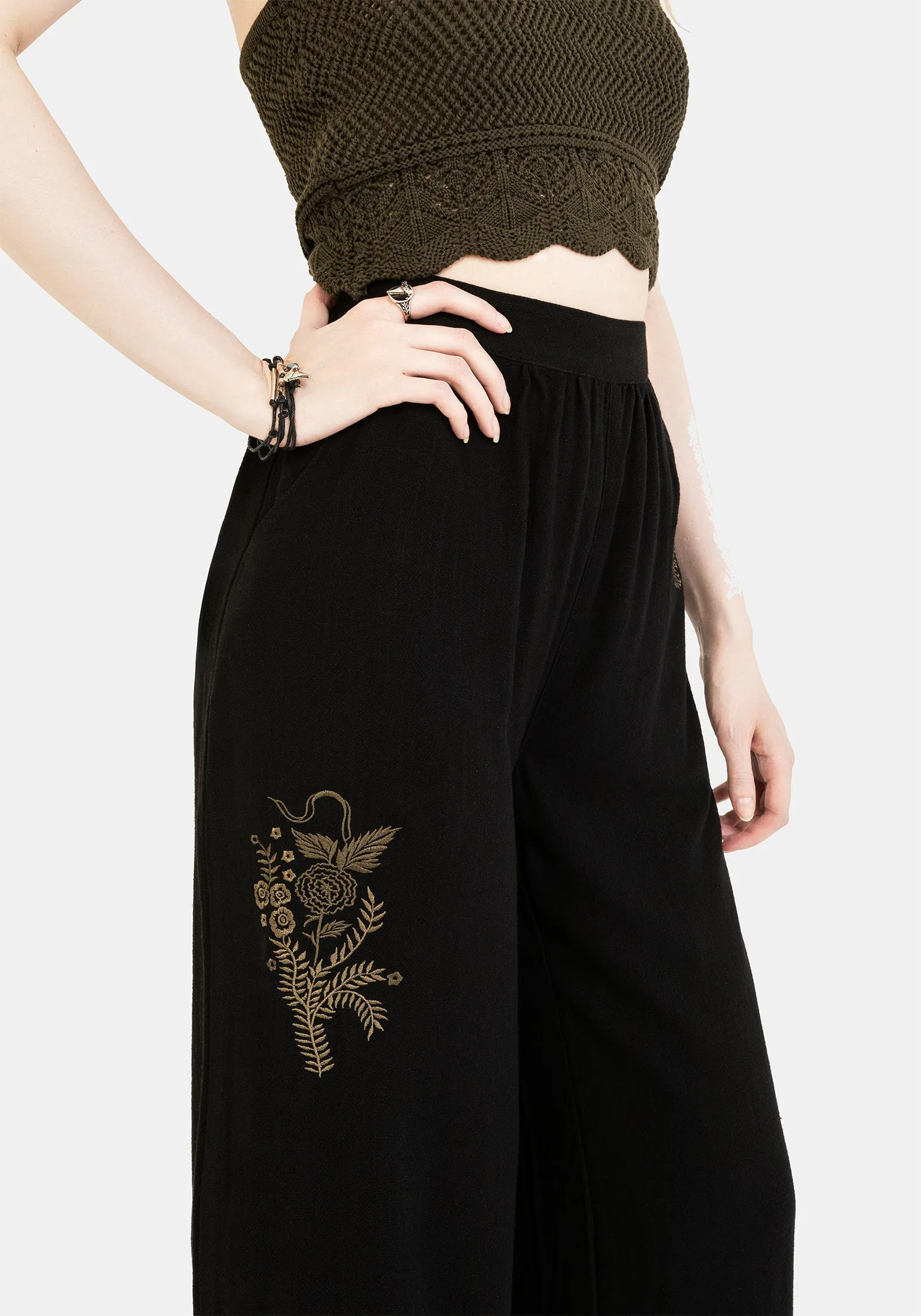 Adjustable Fastening Clean Cut Foliate Linen-Blend Embroidered Wide Leg Trousers - Black