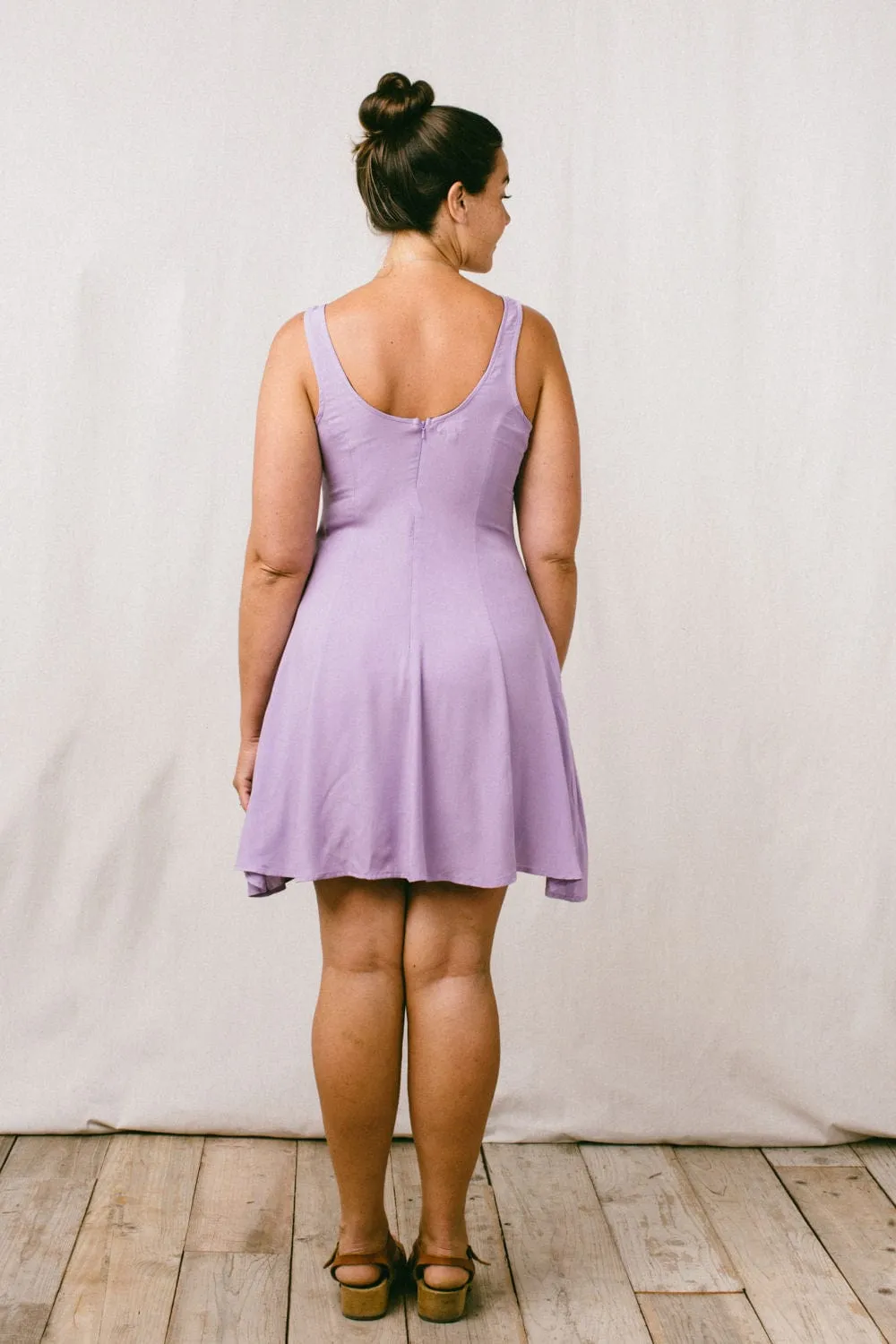 Delana Dress in Lilac Challis AntiPillTreatment Simple Bow