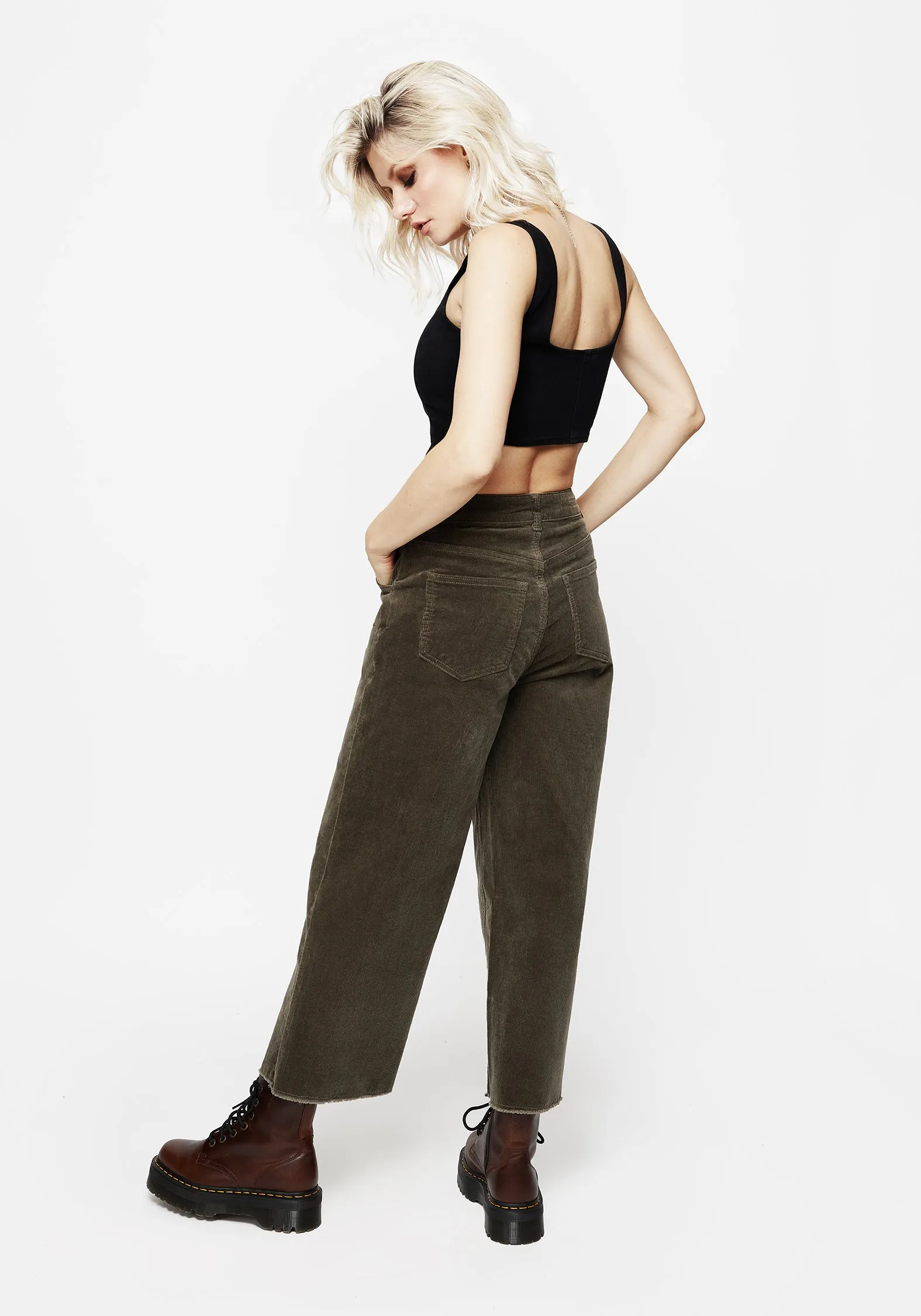 Foster Wide Leg Cord Crop Jeans - Green Rainy Day Winter Warmth Autumn Days Traveler Gear Earthy