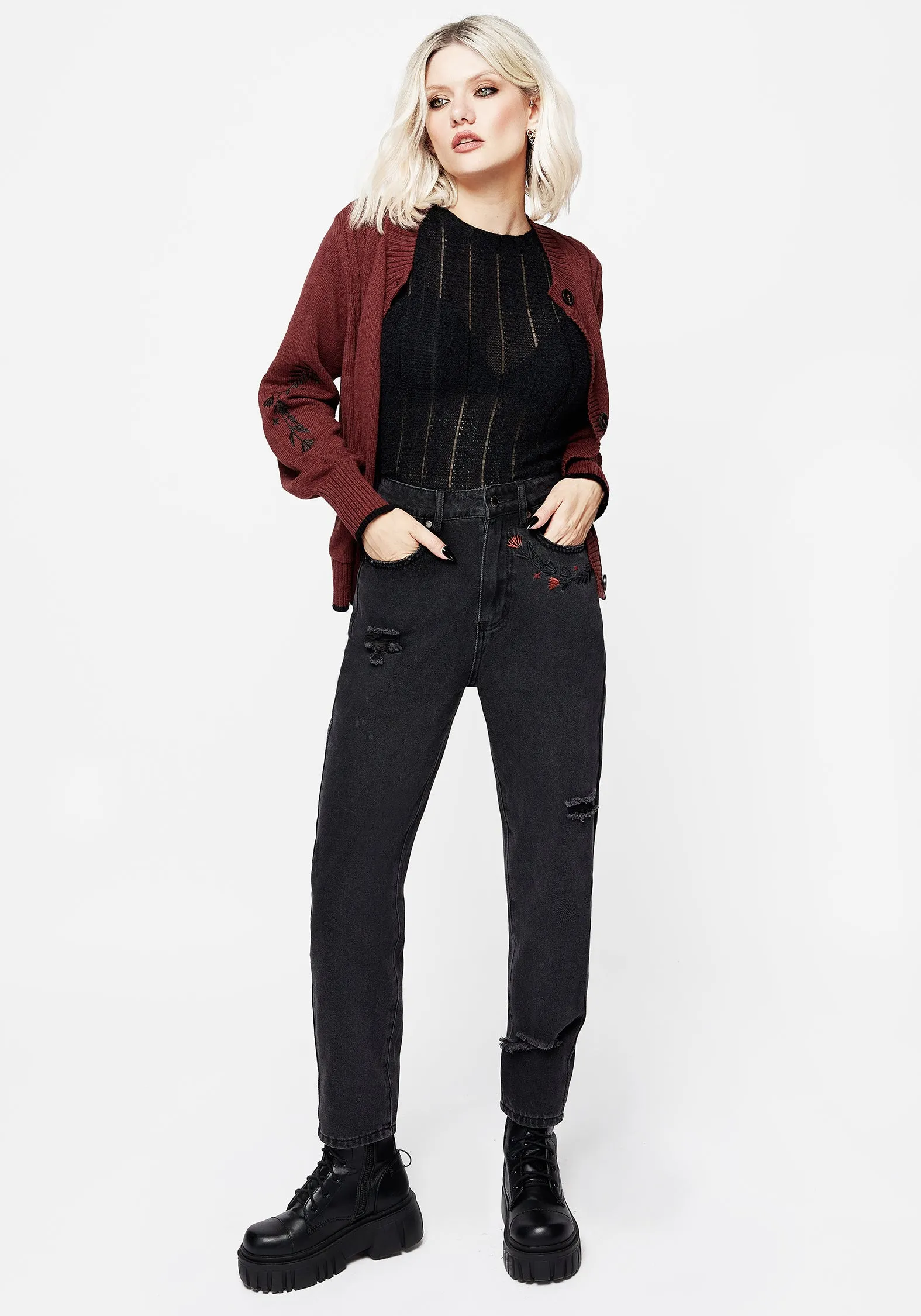 Foxfire Embroidered Distressed Mom Jeans Breezy Fit Artisan Print