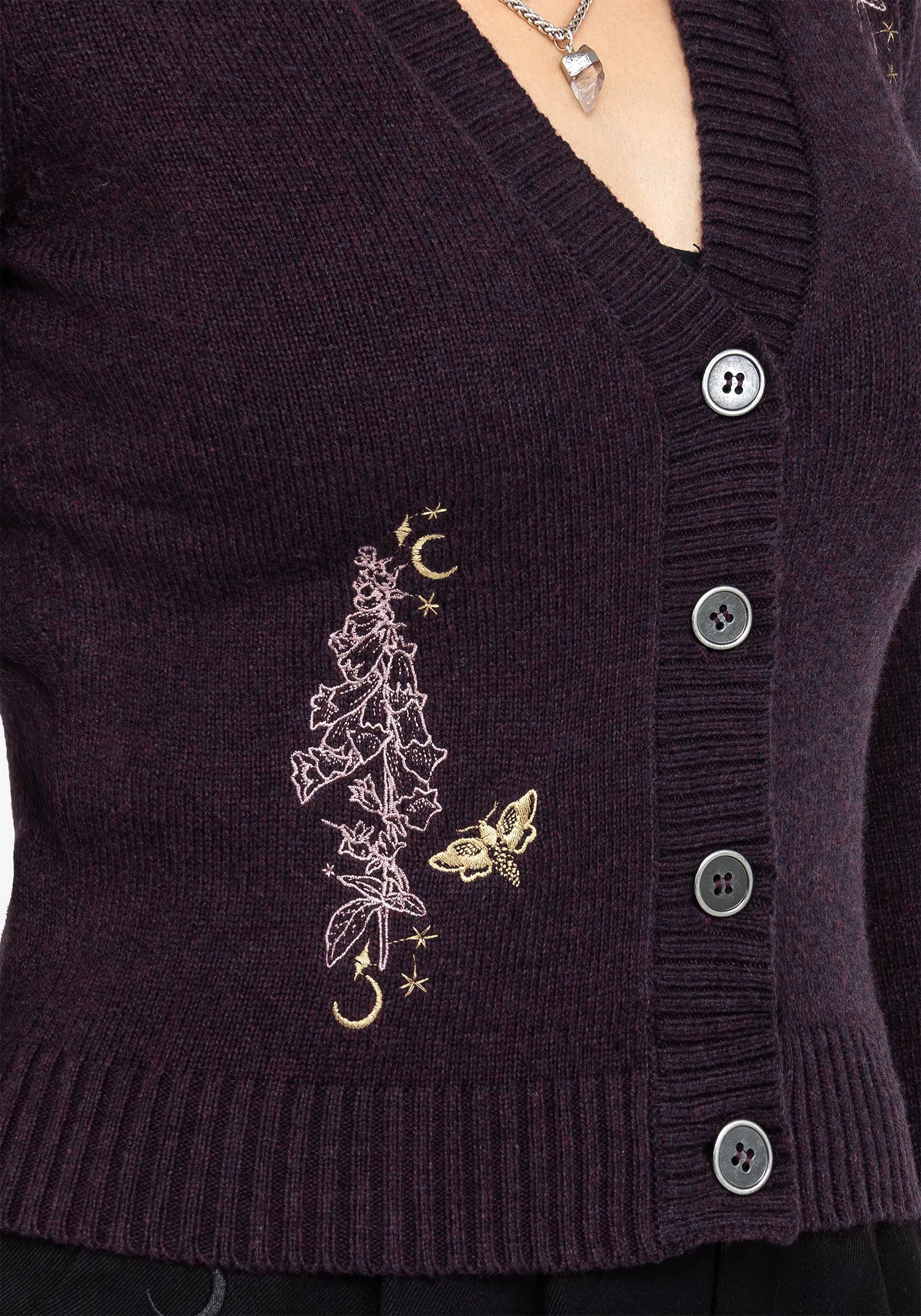 TaglessNecklineComfort Foxglove Embroidered Knit Cardigan