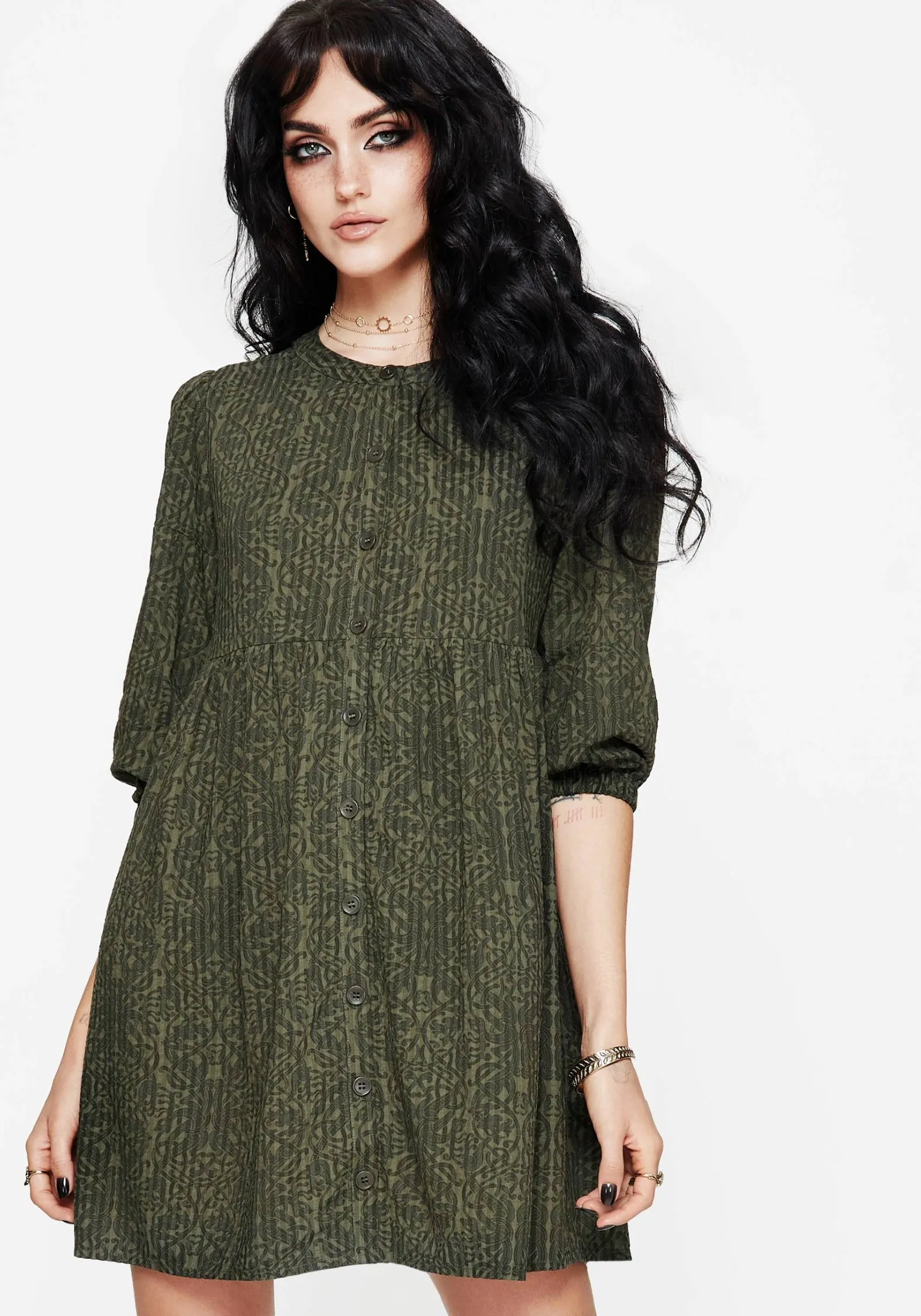 Side-Slit Bright bold dress Francesca Dragon Printed Button Up Smock Mini Dress