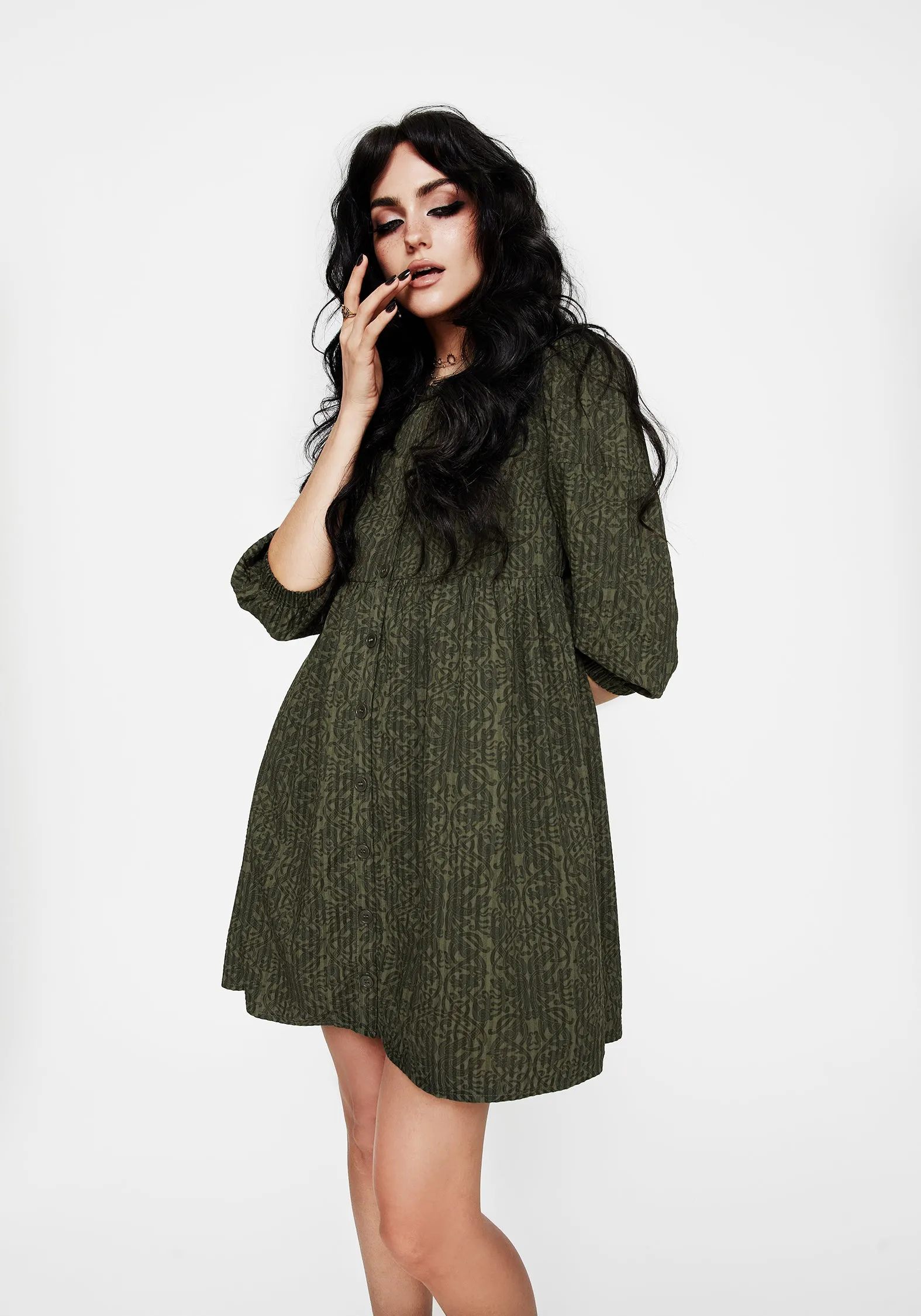 Sheer Element Versatile dress for layering Francesca Dragon Printed Button Up Smock Mini Dress