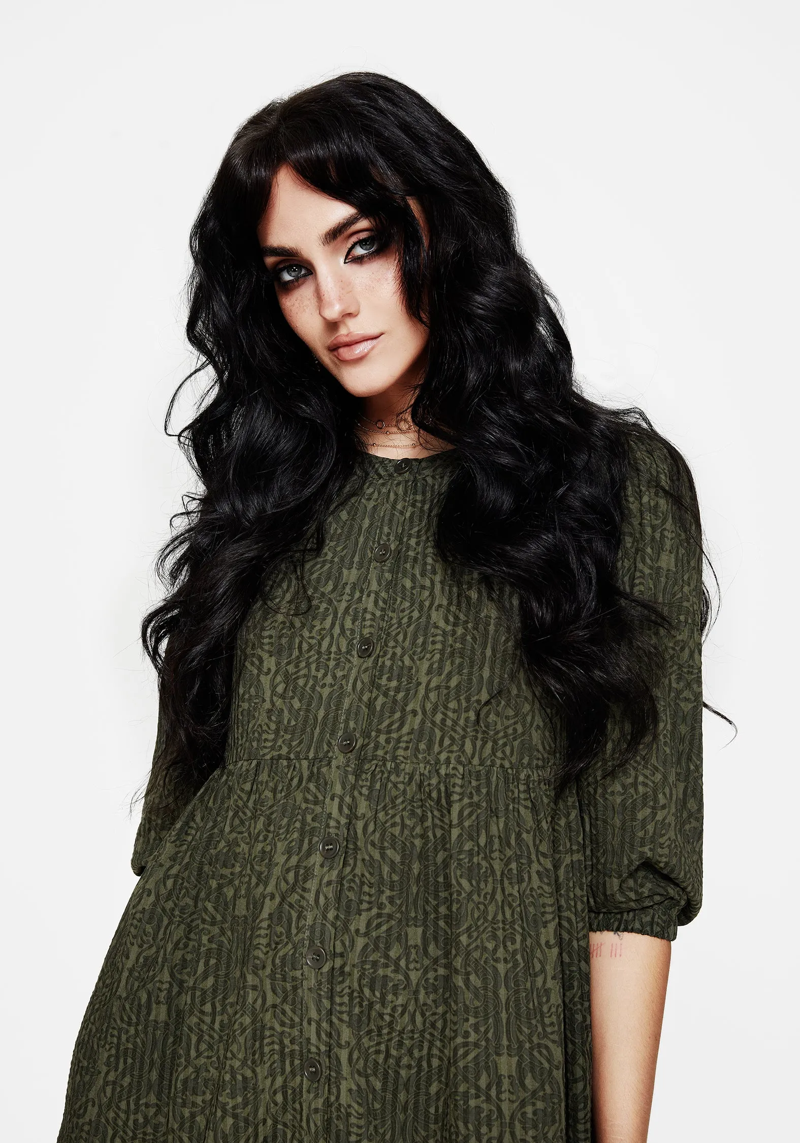 Francesca Dragon Printed Button Up Smock Mini Dress Bodycon Fit