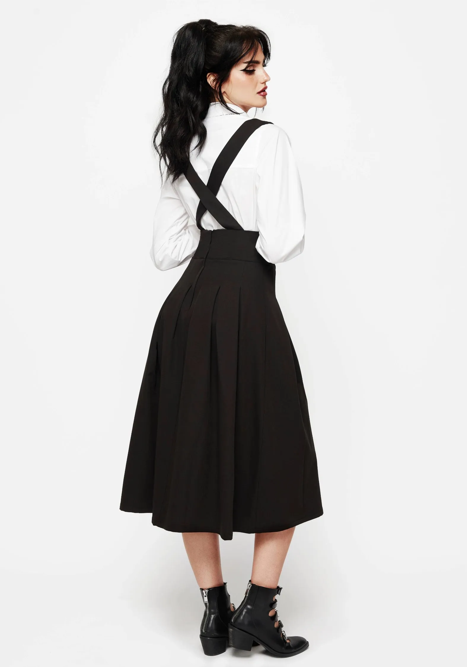 Despair Thistle Embroidered Tailored Pleated Pinafore Midi Skirt Heritage Inspired