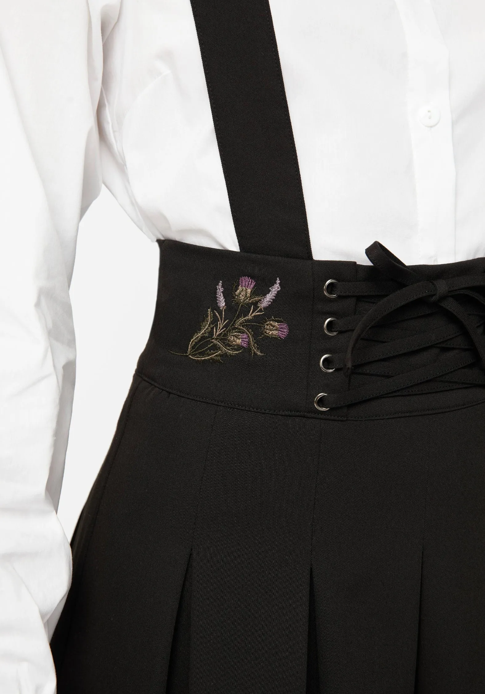 Mid Rise Despair Thistle Embroidered Tailored Pleated Pinafore Midi Skirt