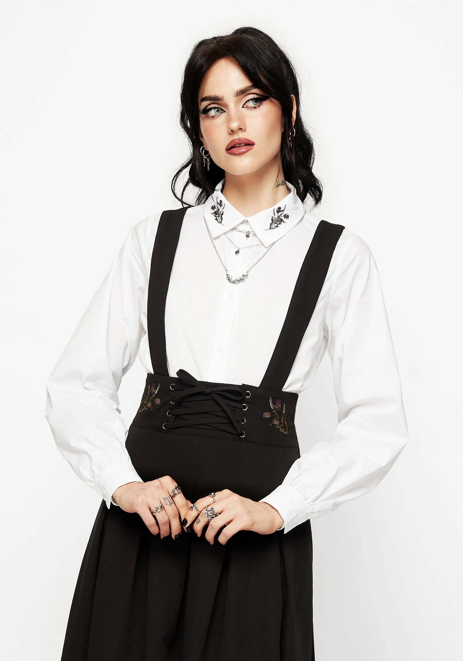 Stretchable Waist Wardrobe Basics Despair Thistle Embroidered Tailored Pleated Pinafore Midi Skirt