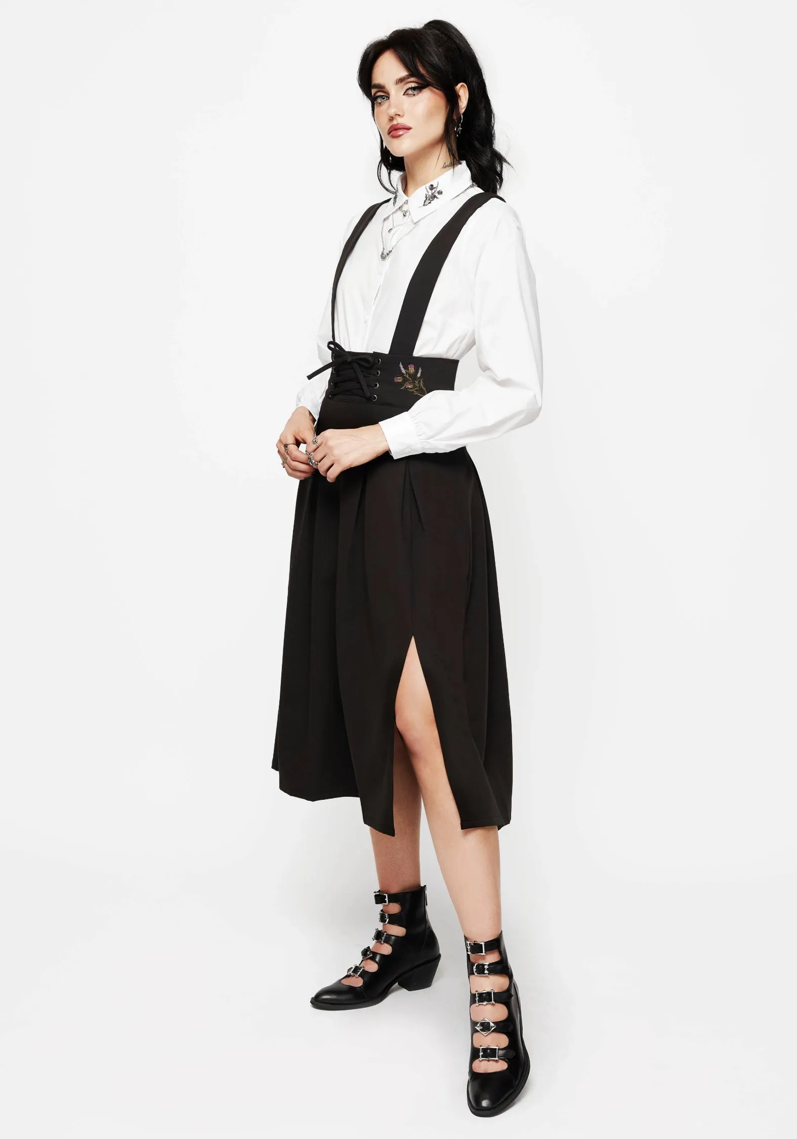 Despair Thistle Embroidered Tailored Pleated Pinafore Midi Skirt Red Carpet Look Design Detail