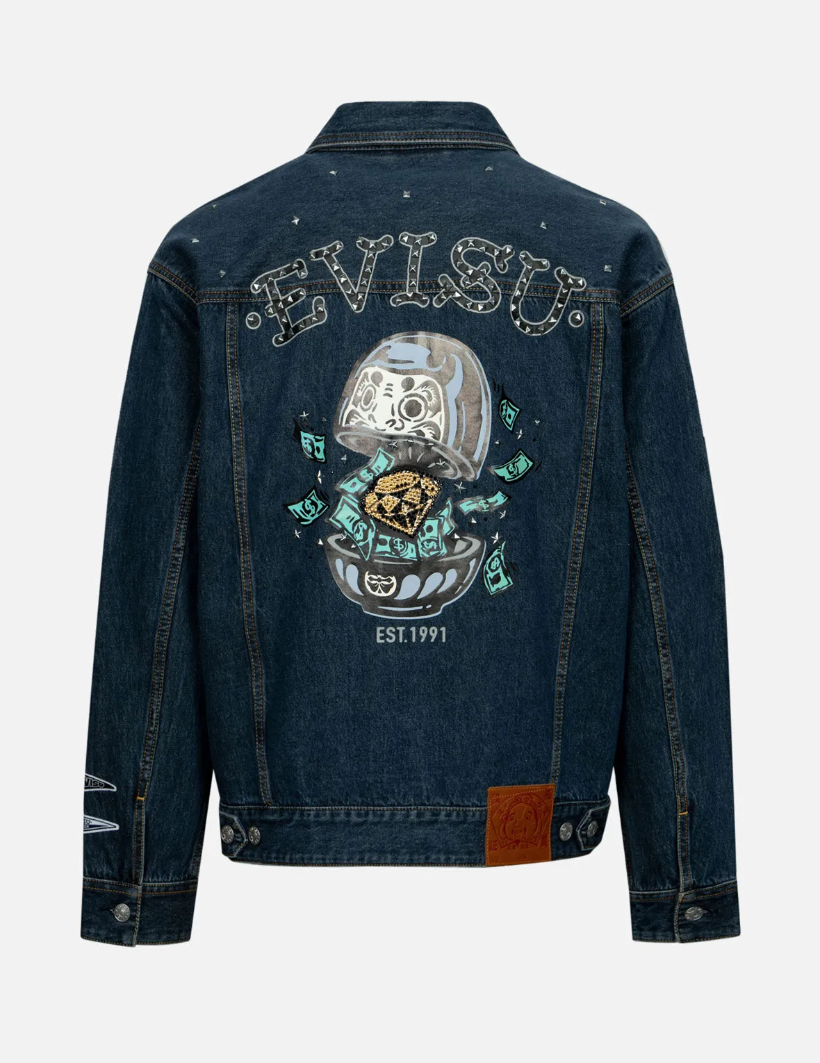 Compact TravelFriendly Design DoubleLayeredFabric Diamond Daruma and Seagull Print Loose Fit Denim Jacket