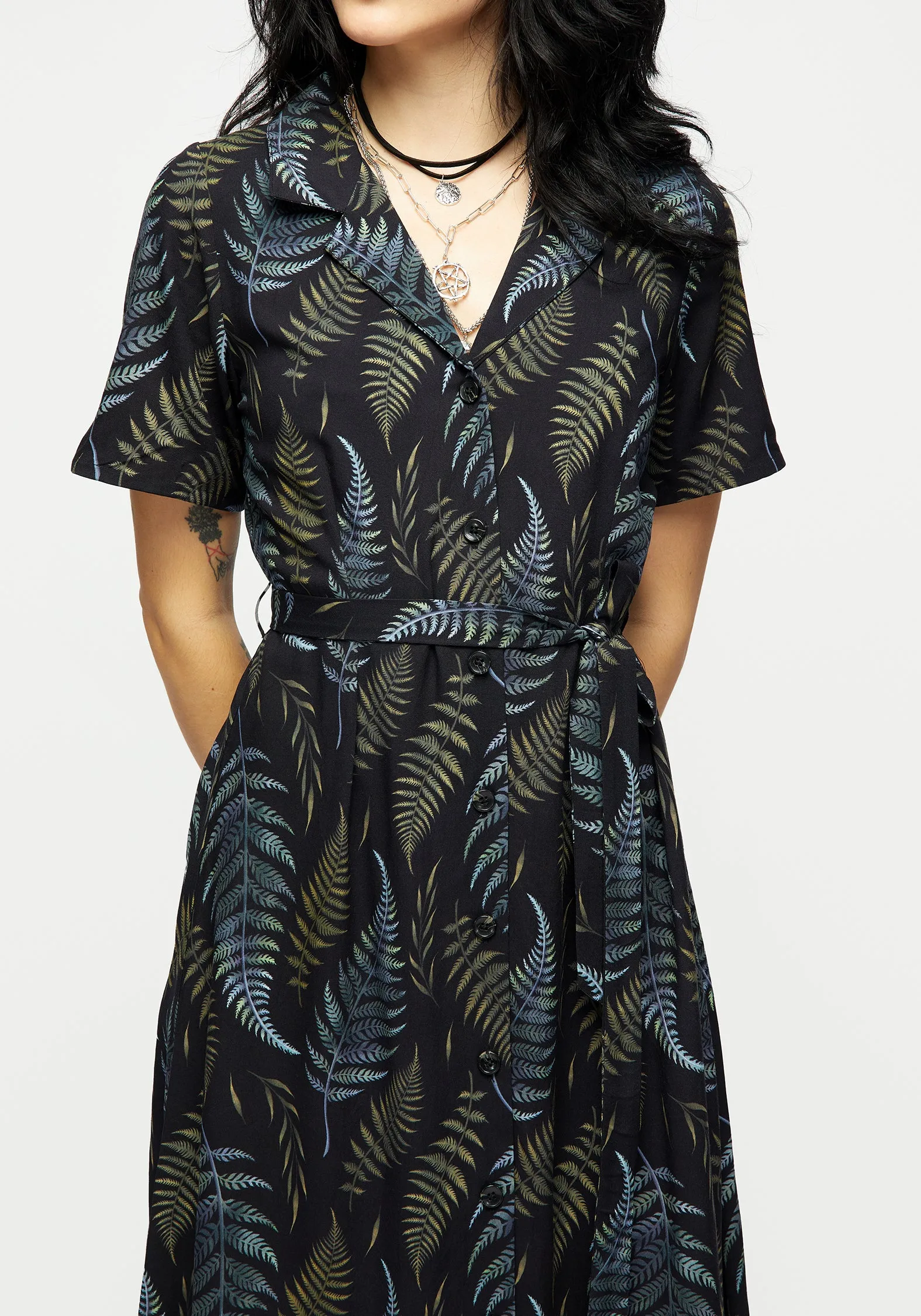 Shiny-Lining Playful printed gown Frond Print Button Up Midi Shirt Dress