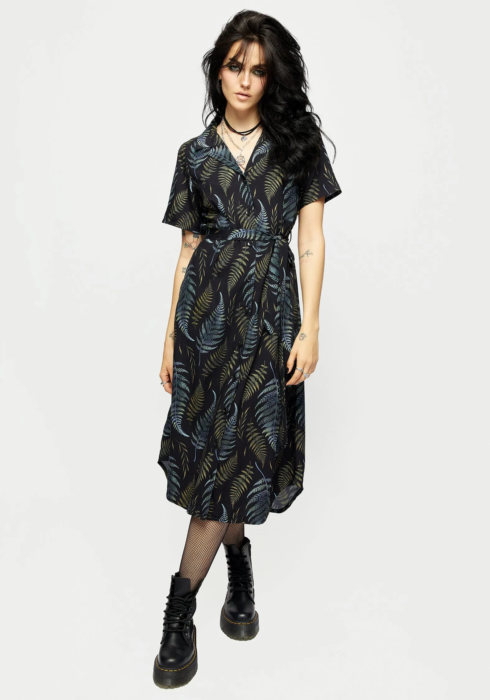 Calm Aesthetic Frond Print Button Up Midi Shirt Dress