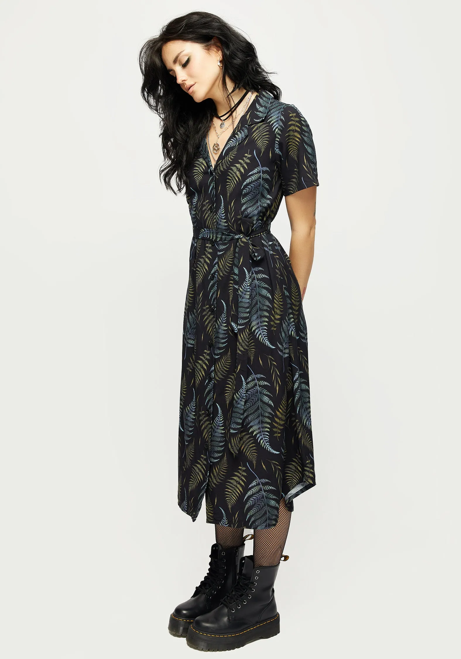 Frond Print Button Up Midi Shirt Dress AntiFrayEdging