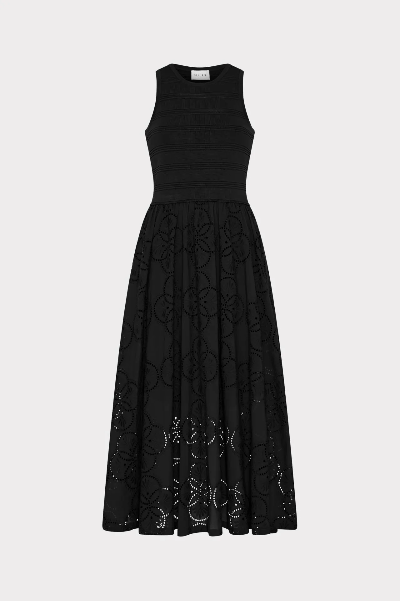 Geo Eyelet Knit Combo Midi Dress High-Neck