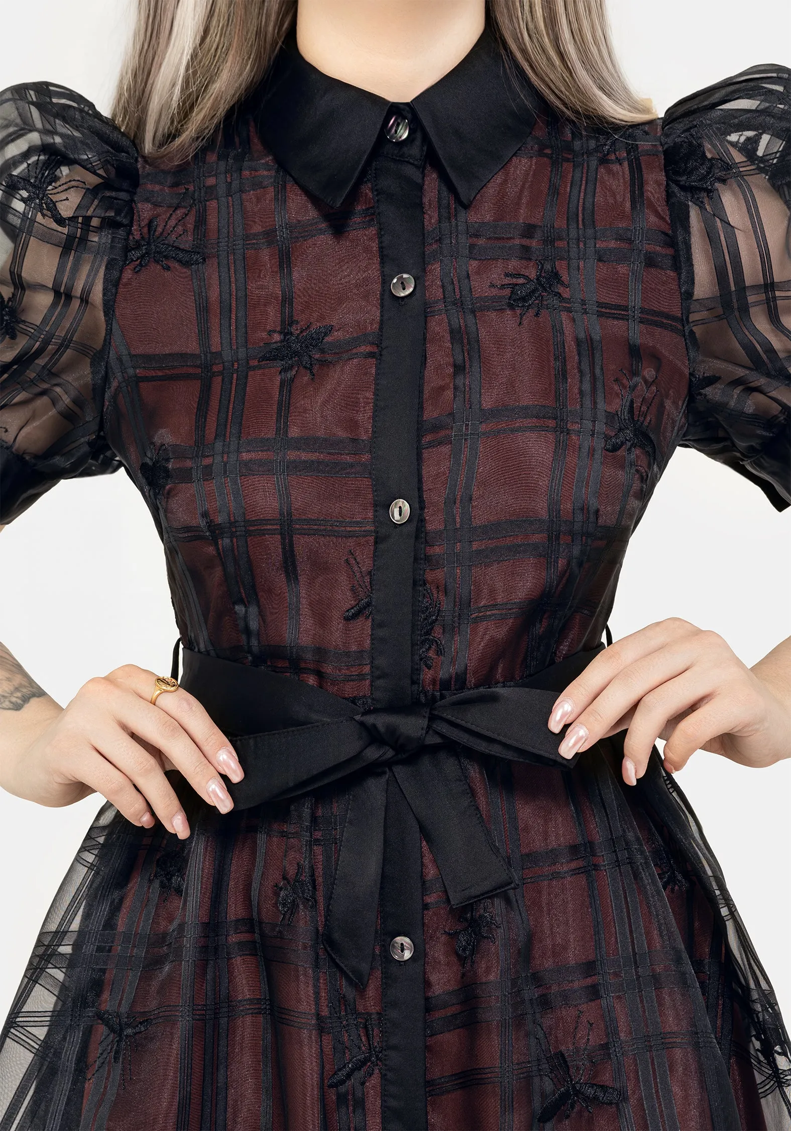 Lounge Mood Winter Snow Sedona Organza Check Embroidered Puff Sleeve Midi Shirt Dress