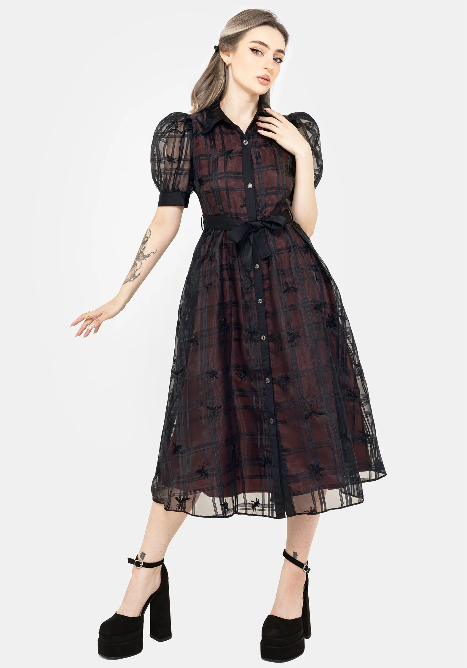 Sedona Organza Check Embroidered Puff Sleeve Midi Shirt Dress Timeless Shape Euro Touch