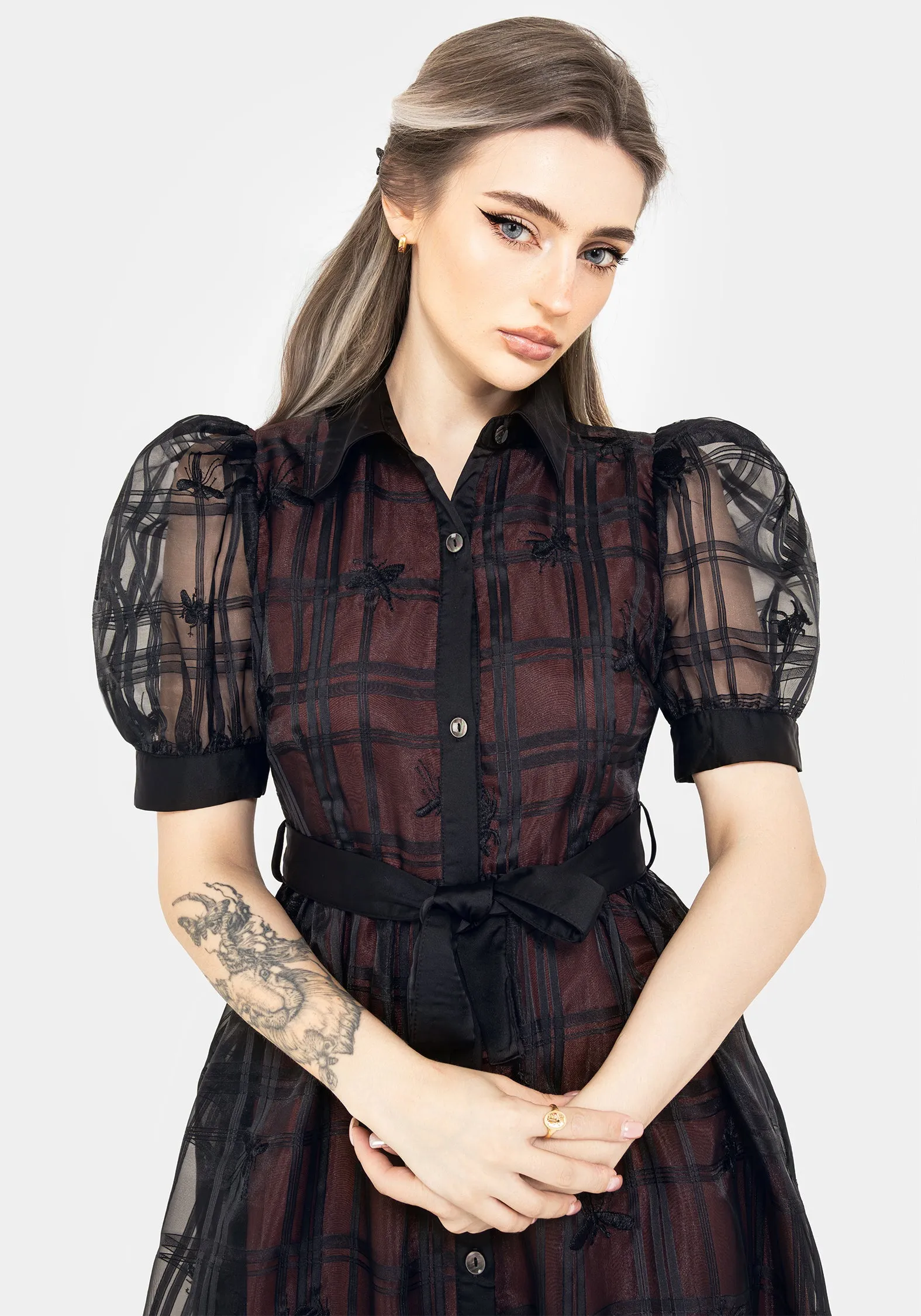 Pure Fit Sedona Organza Check Embroidered Puff Sleeve Midi Shirt Dress