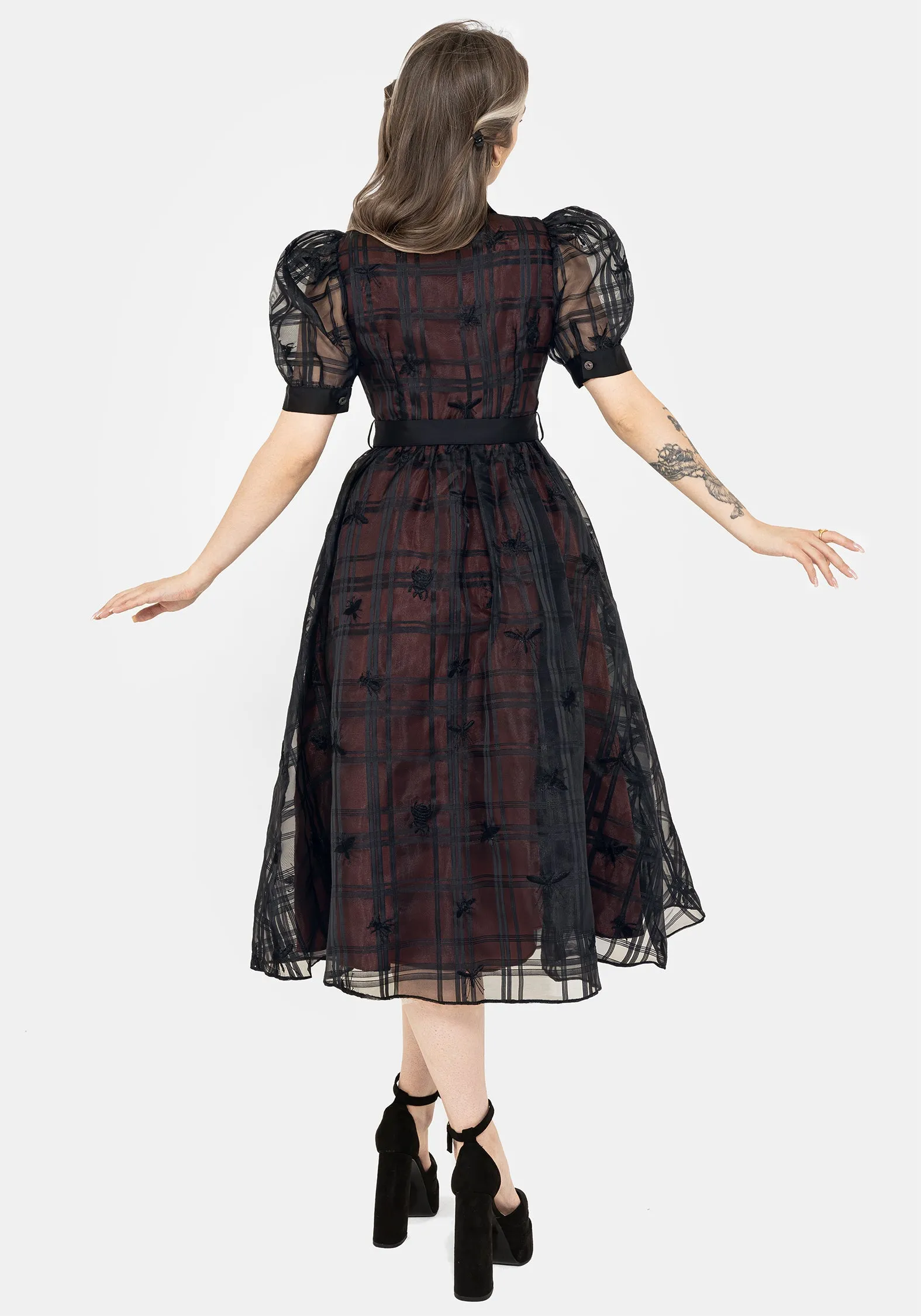 Sedona Organza Check Embroidered Puff Sleeve Midi Shirt Dress Layer Base