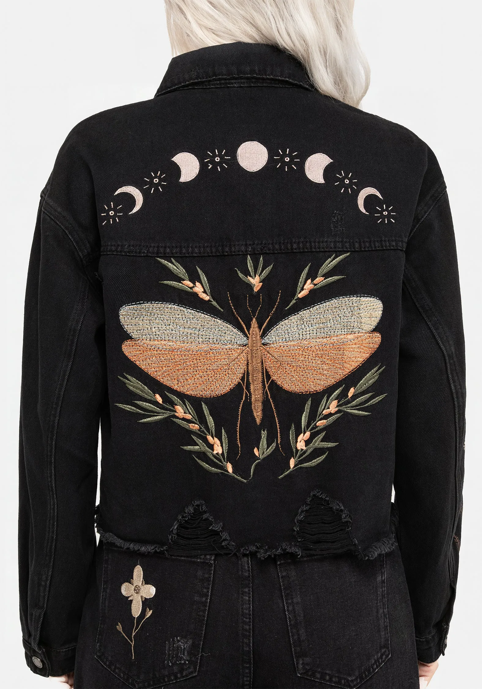 Everyday Loose Griffinfly Embroidered Distressed Denim Jacket