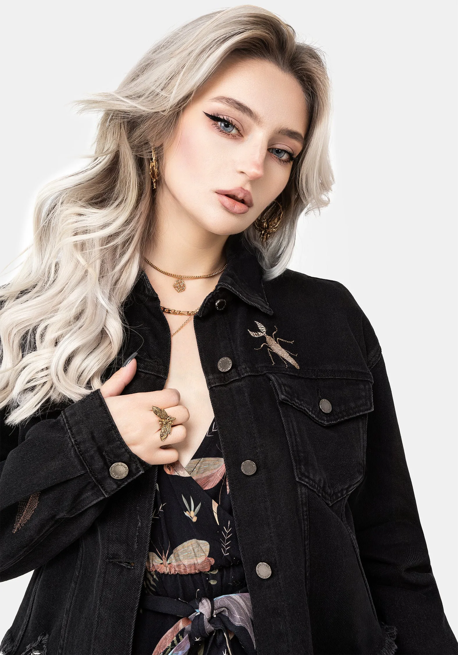 Griffinfly Embroidered Distressed Denim Jacket quick dry SoftshellTexture
