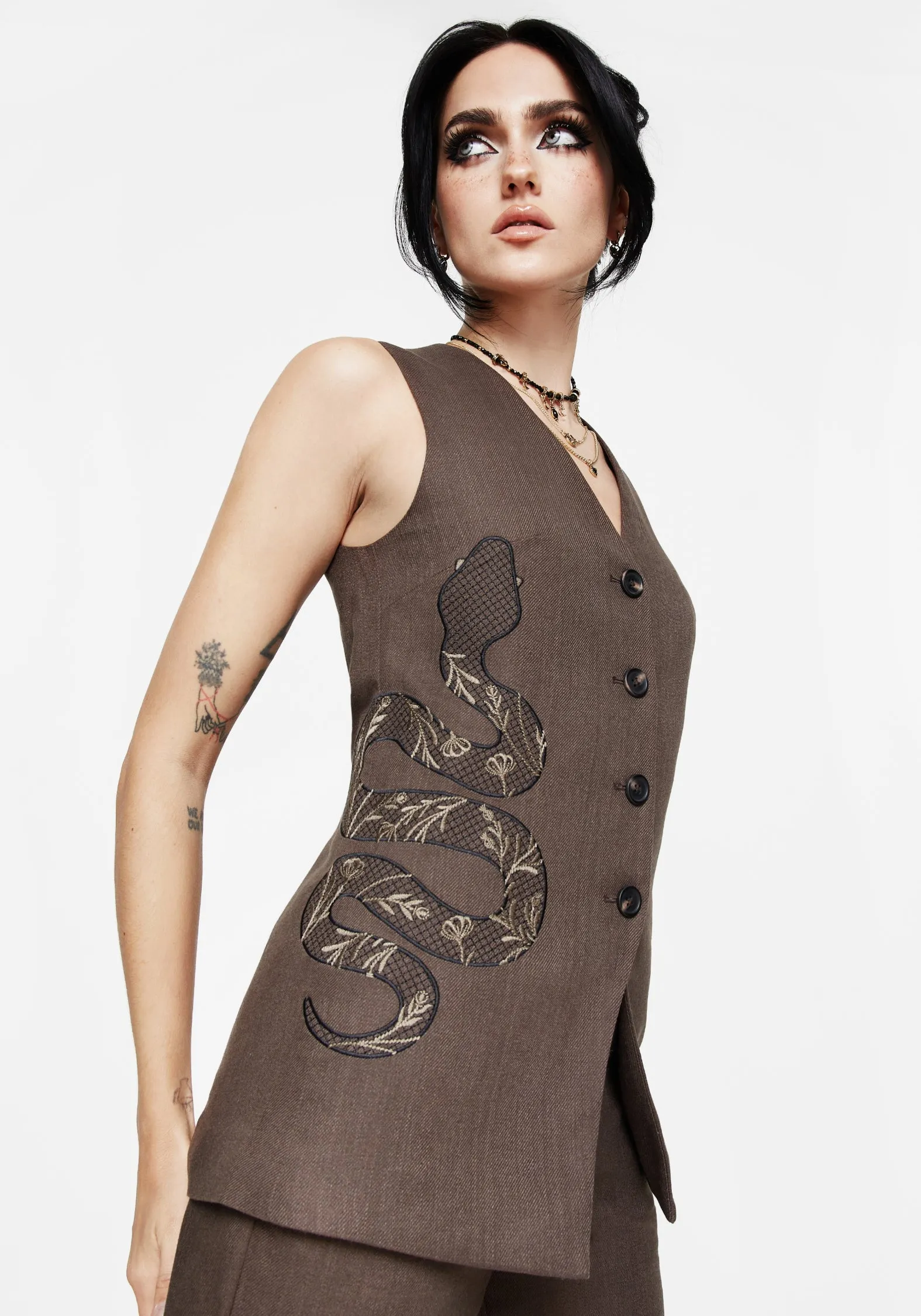 Gaia Linen Blend Snake Embroidered Longline Waistcoat Odor Control Technology DoubleNeedle Stitching