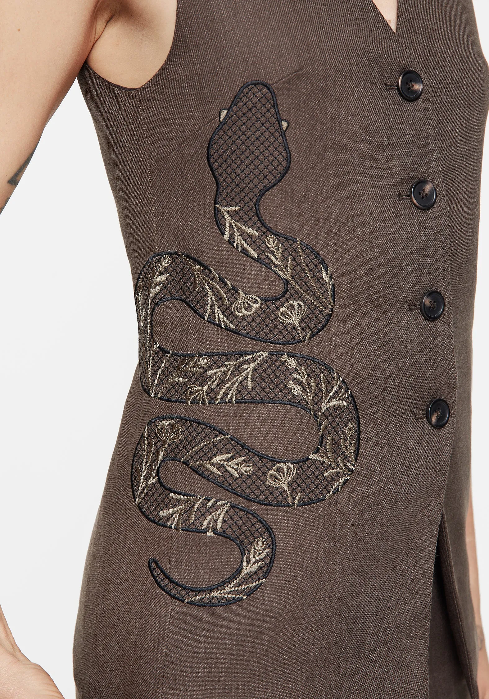 Heat Regulating Fabric Gaia Linen Blend Snake Embroidered Longline Waistcoat