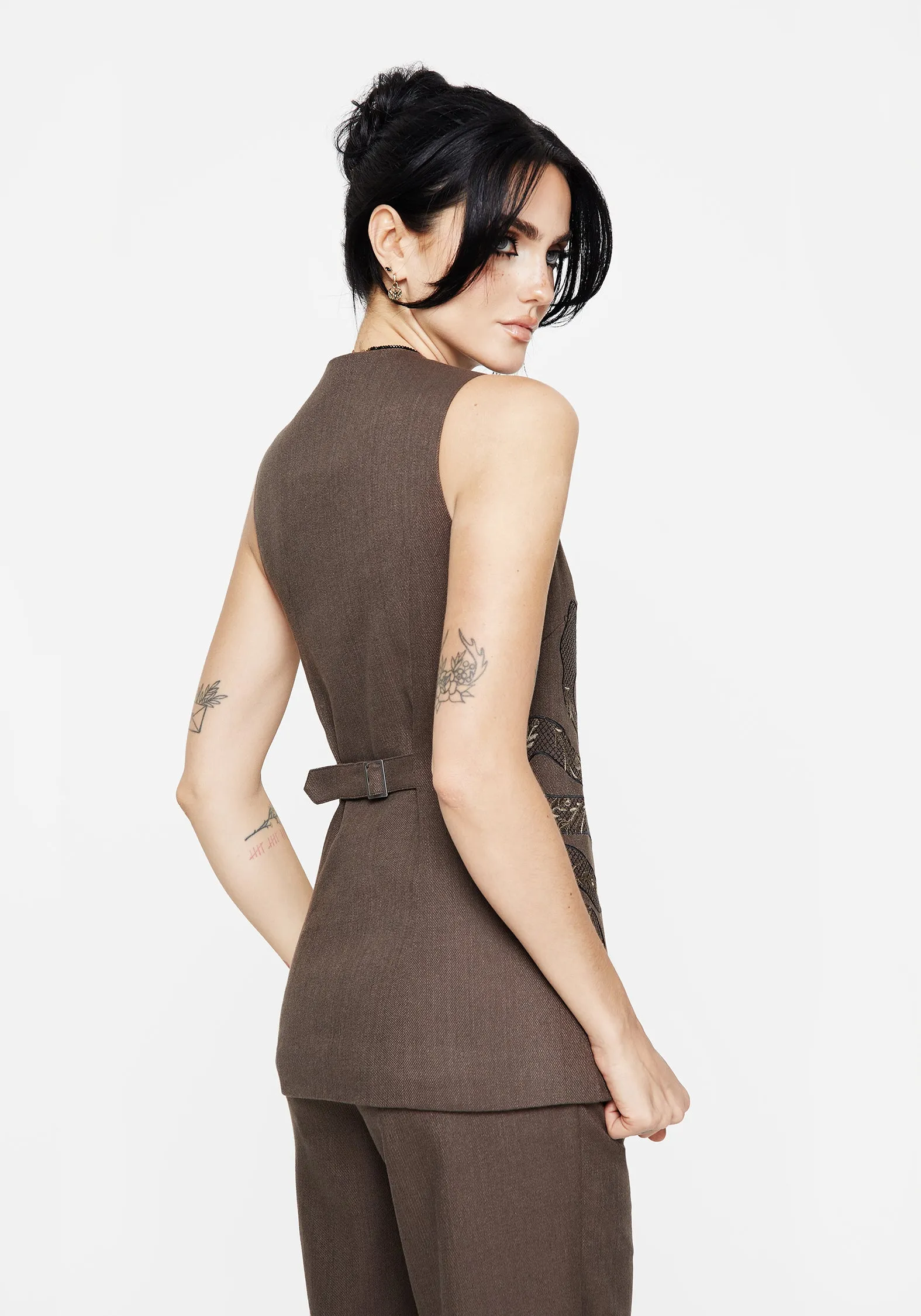 Ribbed Trim Low Profile Waistband Integration Gaia Linen Blend Snake Embroidered Longline Waistcoat