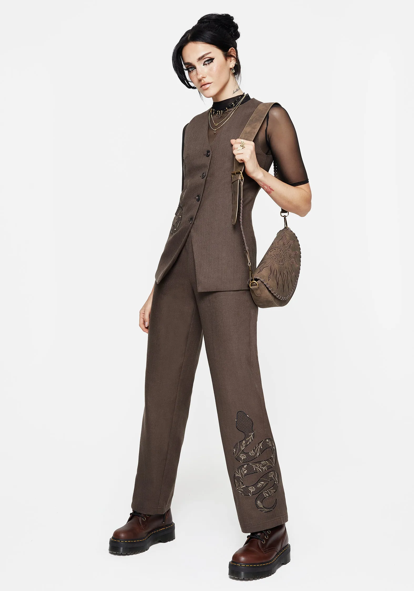 Unstructured Fit Gaia Linen Blend Snake Embroidered Longline Waistcoat
