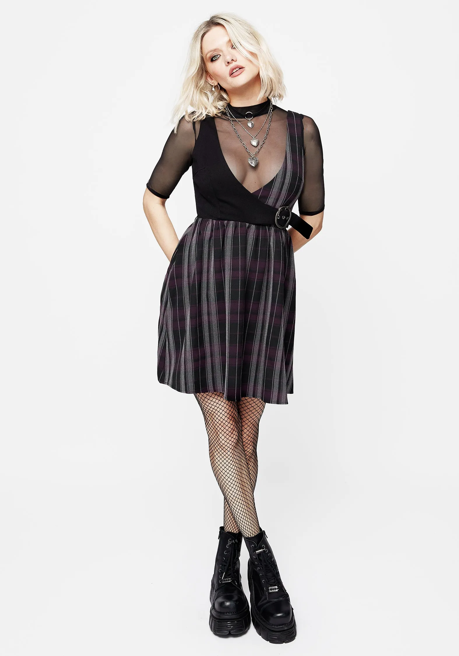 Work Pairing Work Option Gambit Check Wrap Suspender Mini Dress