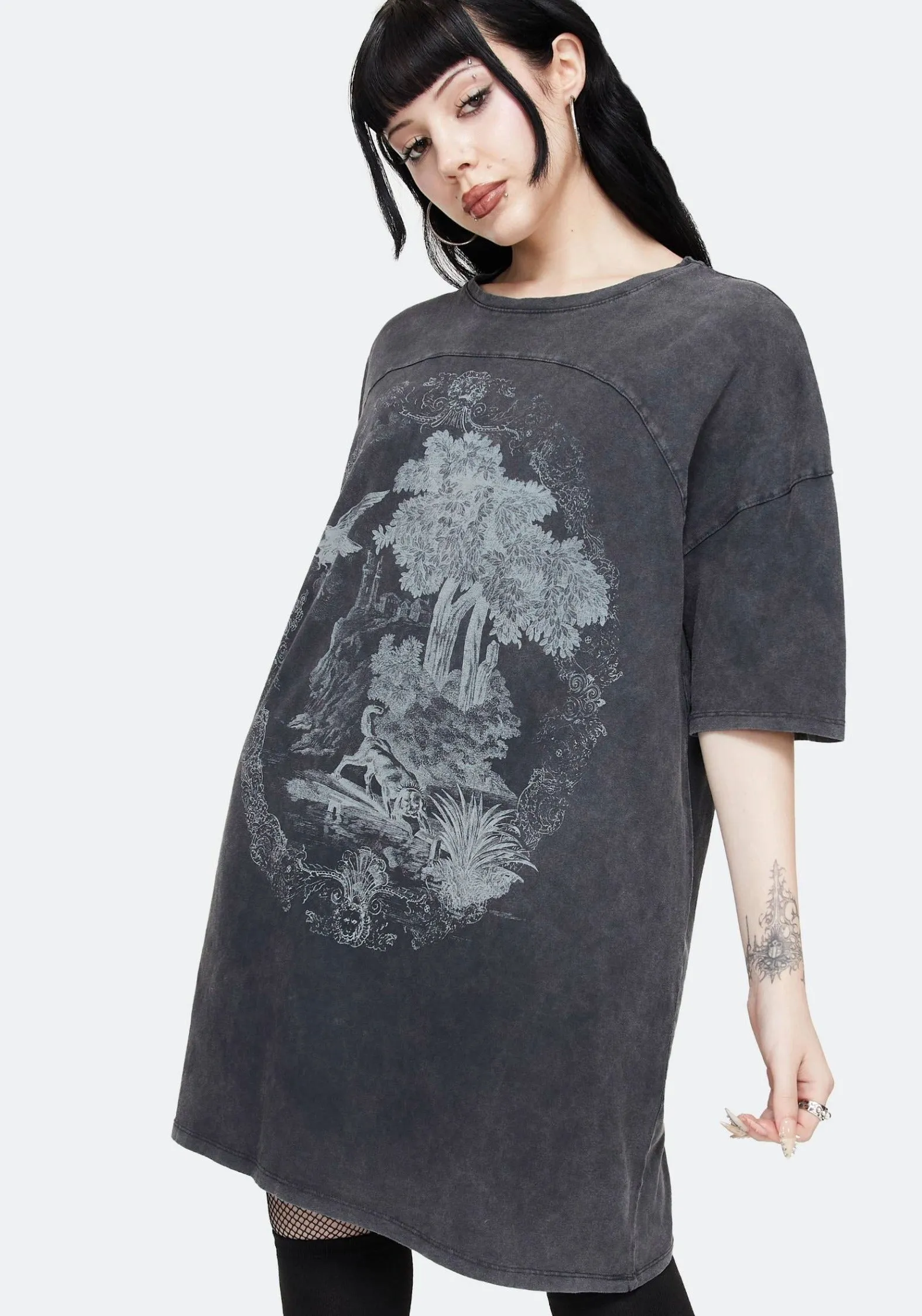 Wicked Toile Dropped Shoulder Cotton Tee Dress Graduation-Event Slit-Hem
